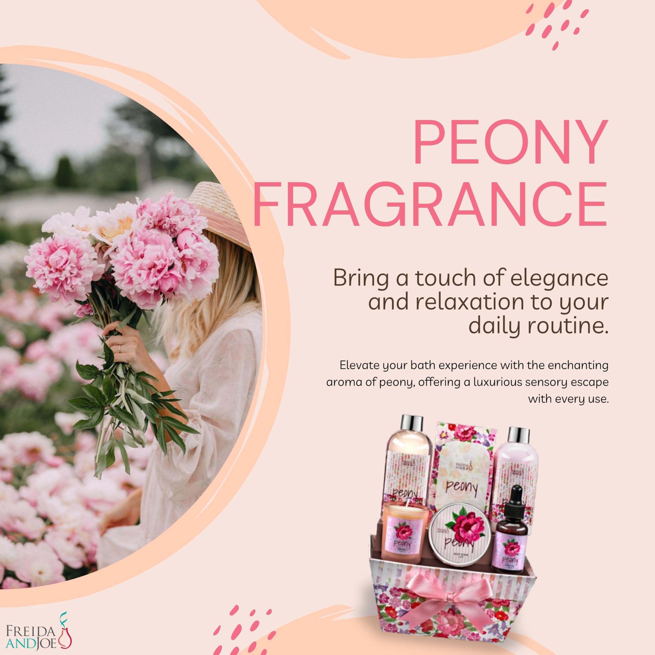 Peony Floral Spa Gift Basket for Women – 7-Piece Luxury Bath & Body Set with Shower Gel, Lotion, Scrub, Oil, Bath Salts & Scented Candle – Perfect Valentines, Birthday & Self-Care Gift for Relaxation & Pampering at Home