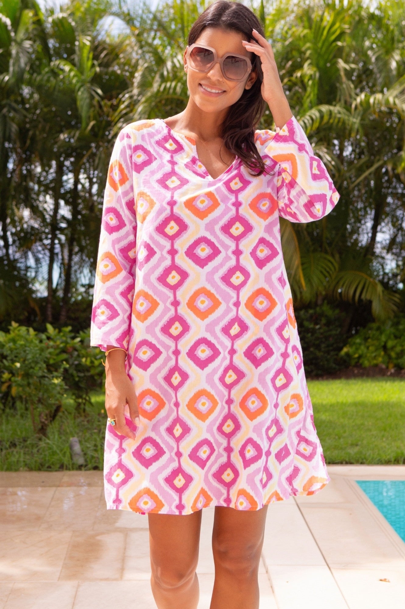 Guadalupe Organic Cotton Short Tunic - Diamond Ikat Print in Pink & Yellow | Boho Chic Summer Top for Beach, Vacation & Casual Outfits