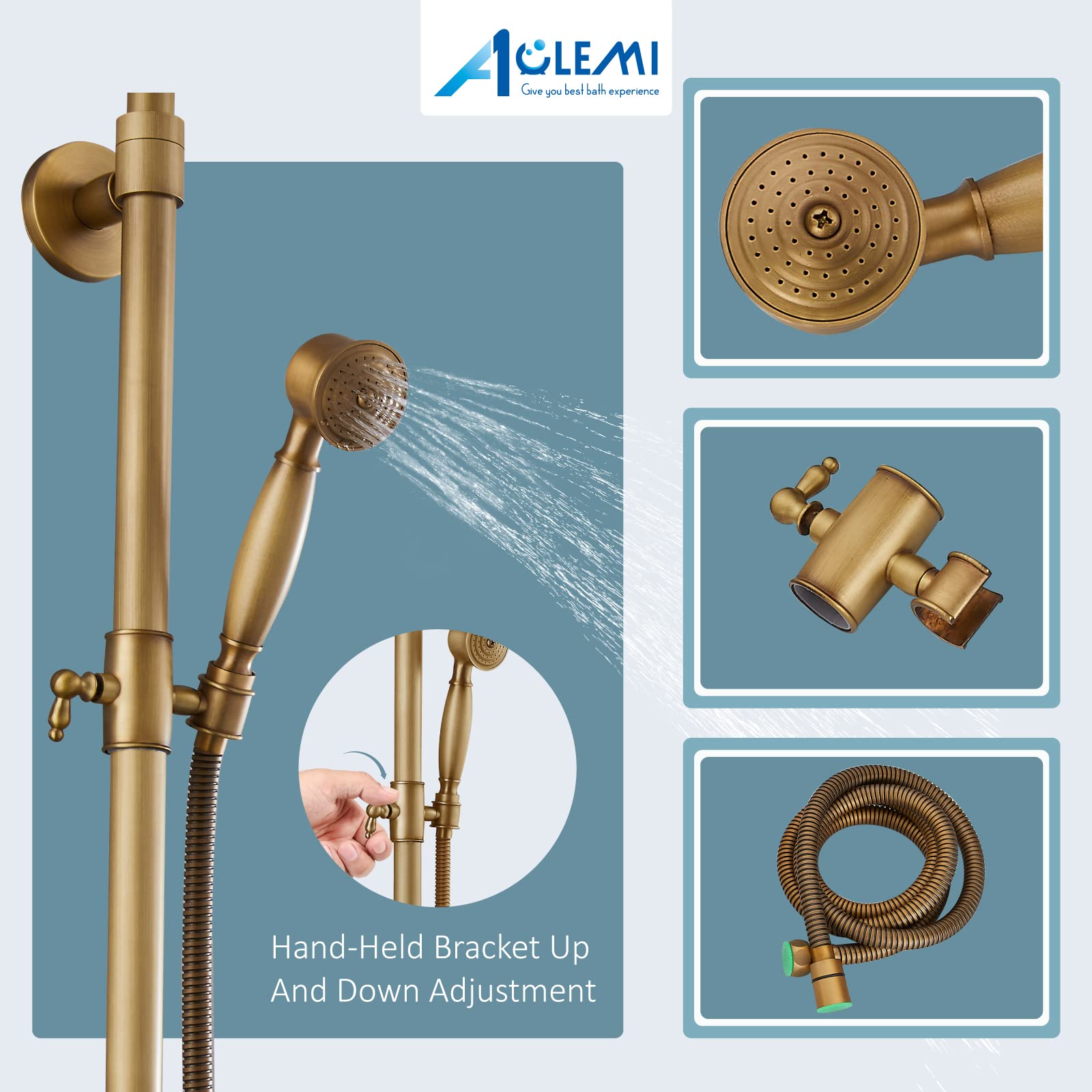 Vintage Antique Brass Tub Shower Faucet Set - 8 Inch Rainfall Shower Head with Handheld Spray, Triple Function Mixer Valve for Bathroom Remodeling | Perfect for Classic & Farmhouse Style Bathrooms