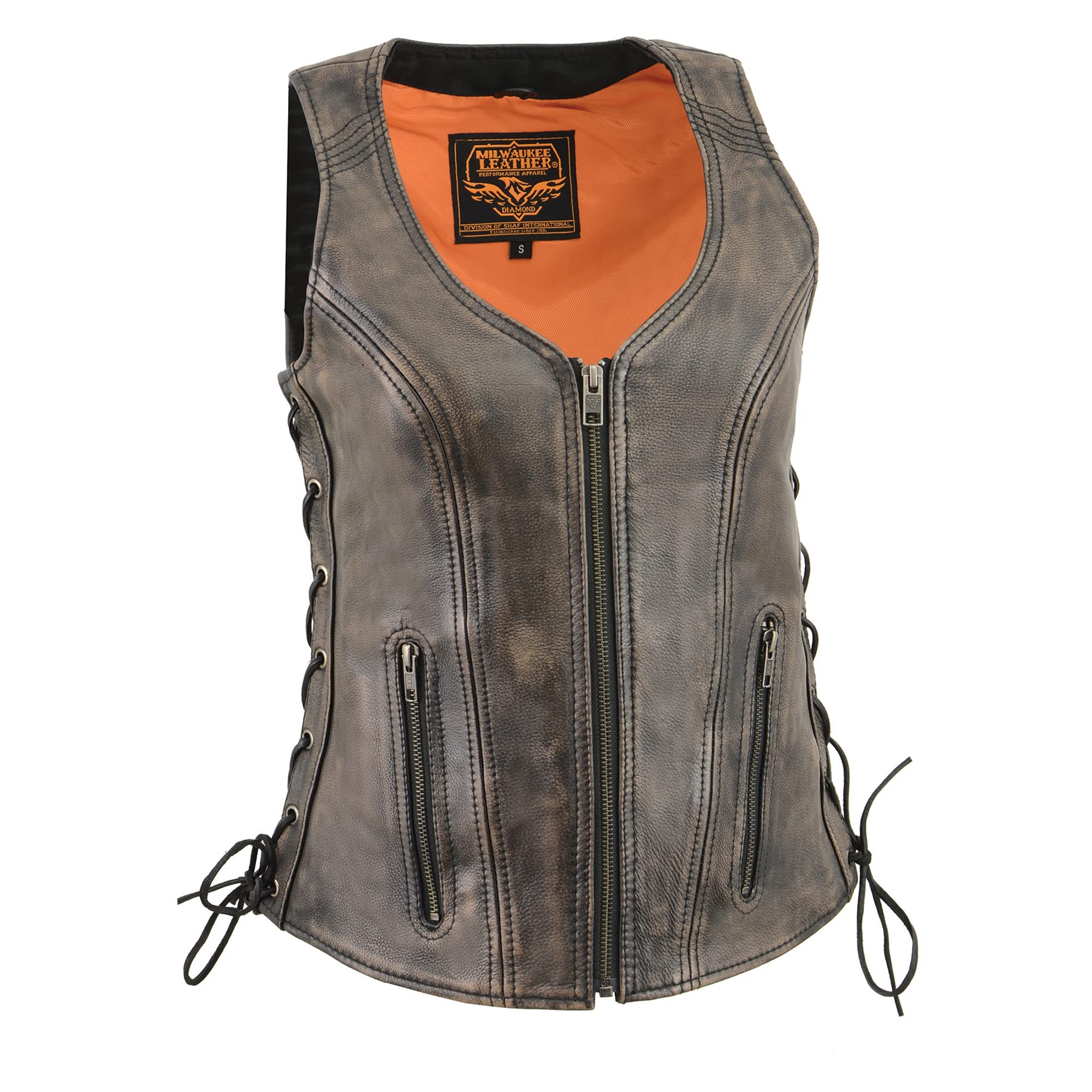 Milwaukee Leather Brown Women's Open Neck Side Lace Zipper Front Vest - Small Size, Genuine Leather Fashion Jacket for Casual Outfits & Outdoor Activities