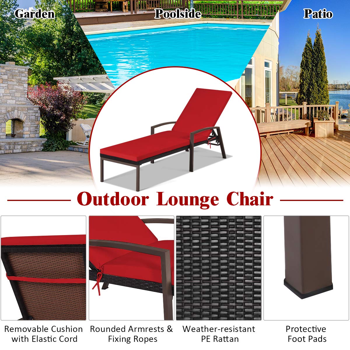 2PCS Patio Chaise Lounge Chairs with Cushions - Adjustable Rattan Sun Lounger for Outdoor Relaxation - Comfortable Wicker Recliner with Armrest for Poolside, Garden, Lawn or Balcony (Red) - Perfect for Sunbathing, Reading and Lounging in Your Backyard