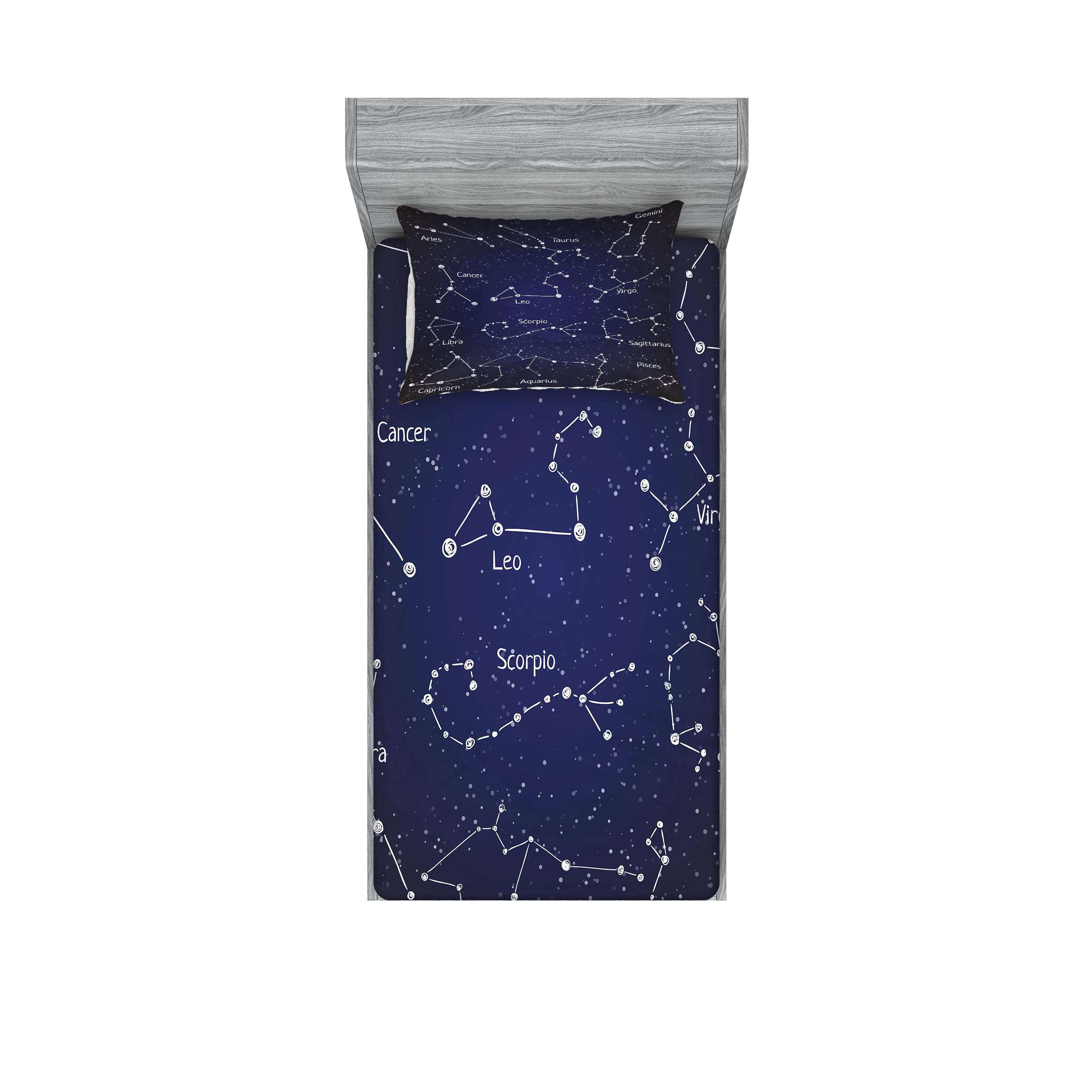 Ambesonne Constellation Fitted Sheet & Pillow Sham Set - Zodiac Star Clusters & Sign Names in Doodle Chalk Style, Decorative Printed 2-Piece Twin Bedding Set, Dark Blue & White | Perfect for Astronomy Lovers' Bedrooms, Dorm Rooms & Themed Decor