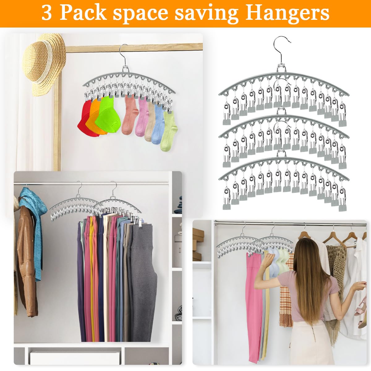 3-Pack Space Saving Closet Organizer with 15 Clips - Rubber Coated Leggings & Yoga Pants Hanger - Grey - Perfect for Wardrobe, Closet & Travel Storage Organization
