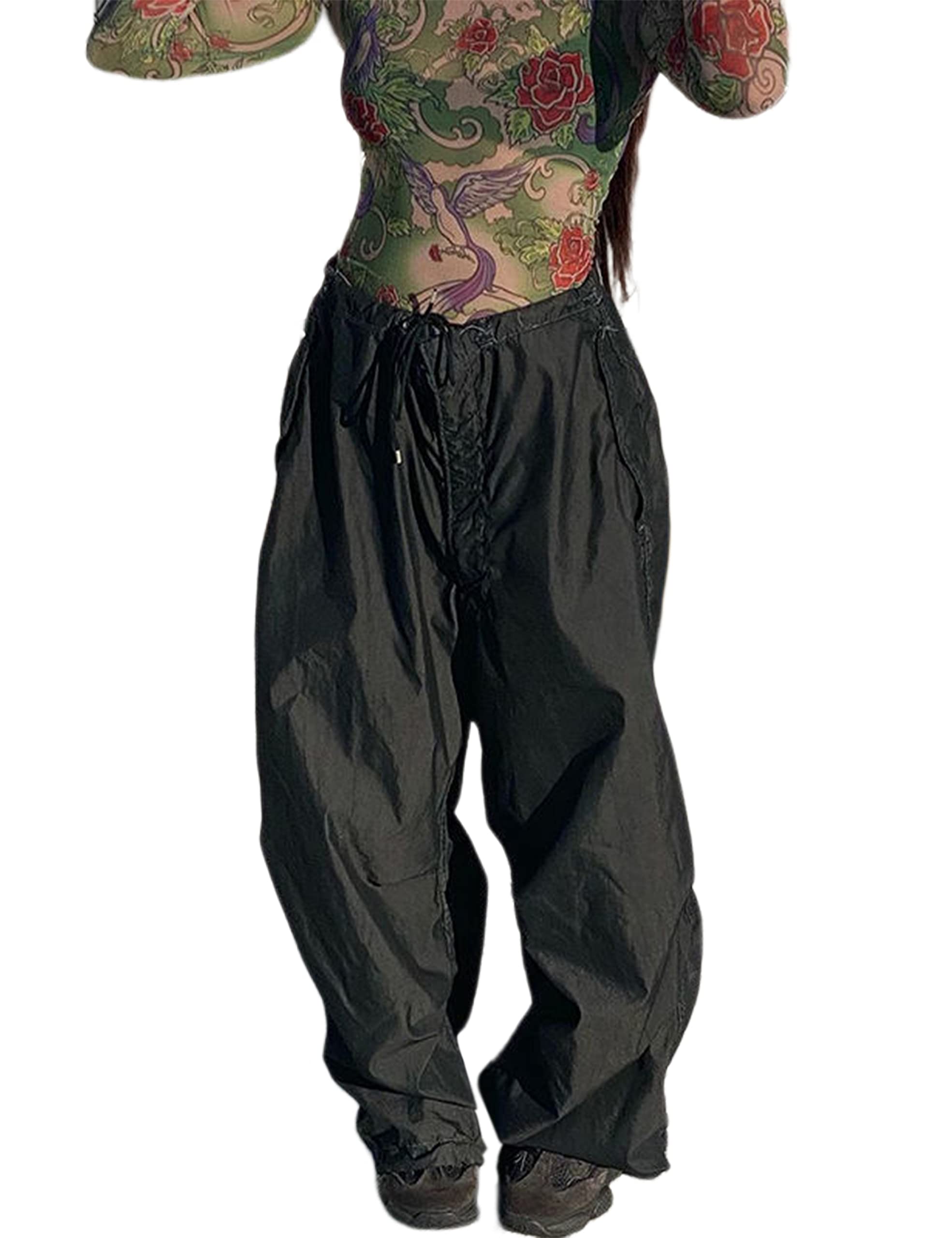 Lianlive Women's Parachute Pants - Drawstring Elastic Low Waist Sweatpants, Baggy Y2K Cargo Pants for Casual Wear, Street Style & 90s Fashion Outfits