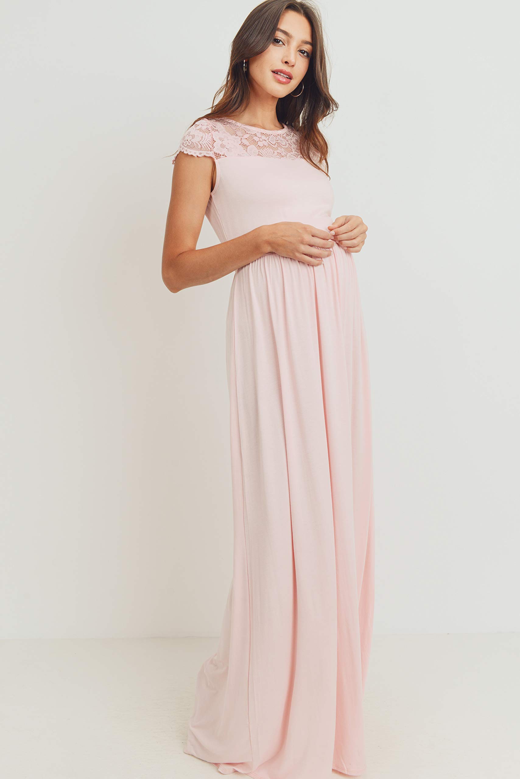 HELLO MIZ Women's Floral Maternity Maxi Dress with Lace Yoke - Comfortable Pregnancy Dress for Baby Shower, Maternity Photo Shoot & Summer Vacation
