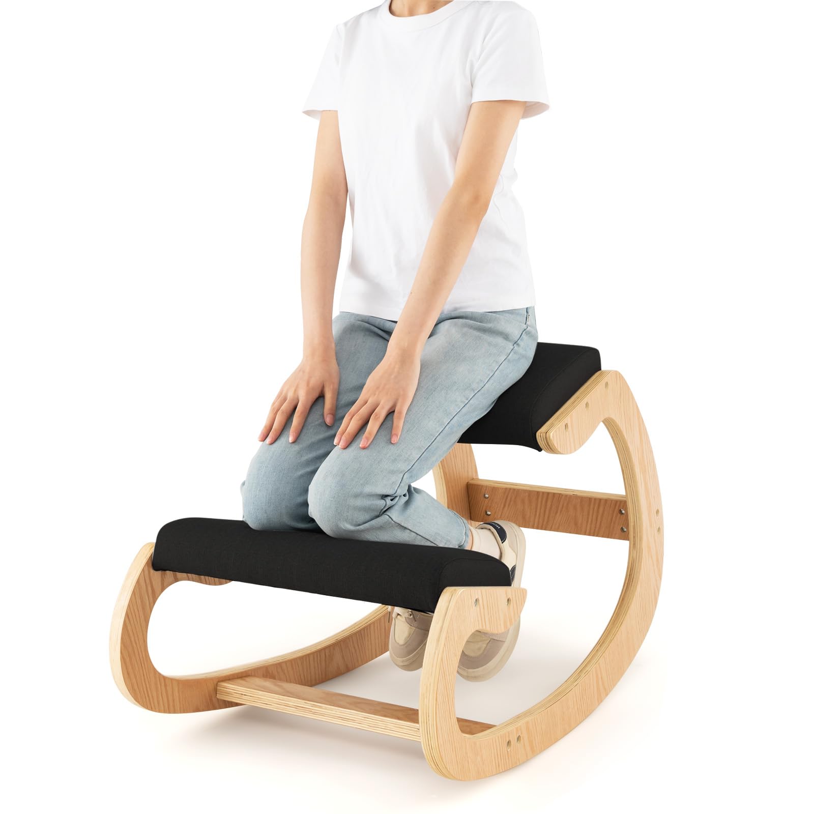GOFLAME Ergonomic Kneeling Chair - Adjustable Wooden Rocking Knee Chair with Thick Padded Seat Cushion & Knee Support - Posture Corrector for Home Office, Meditation & Reading - Relieves Back Pain & Improves Sitting Posture (Black)