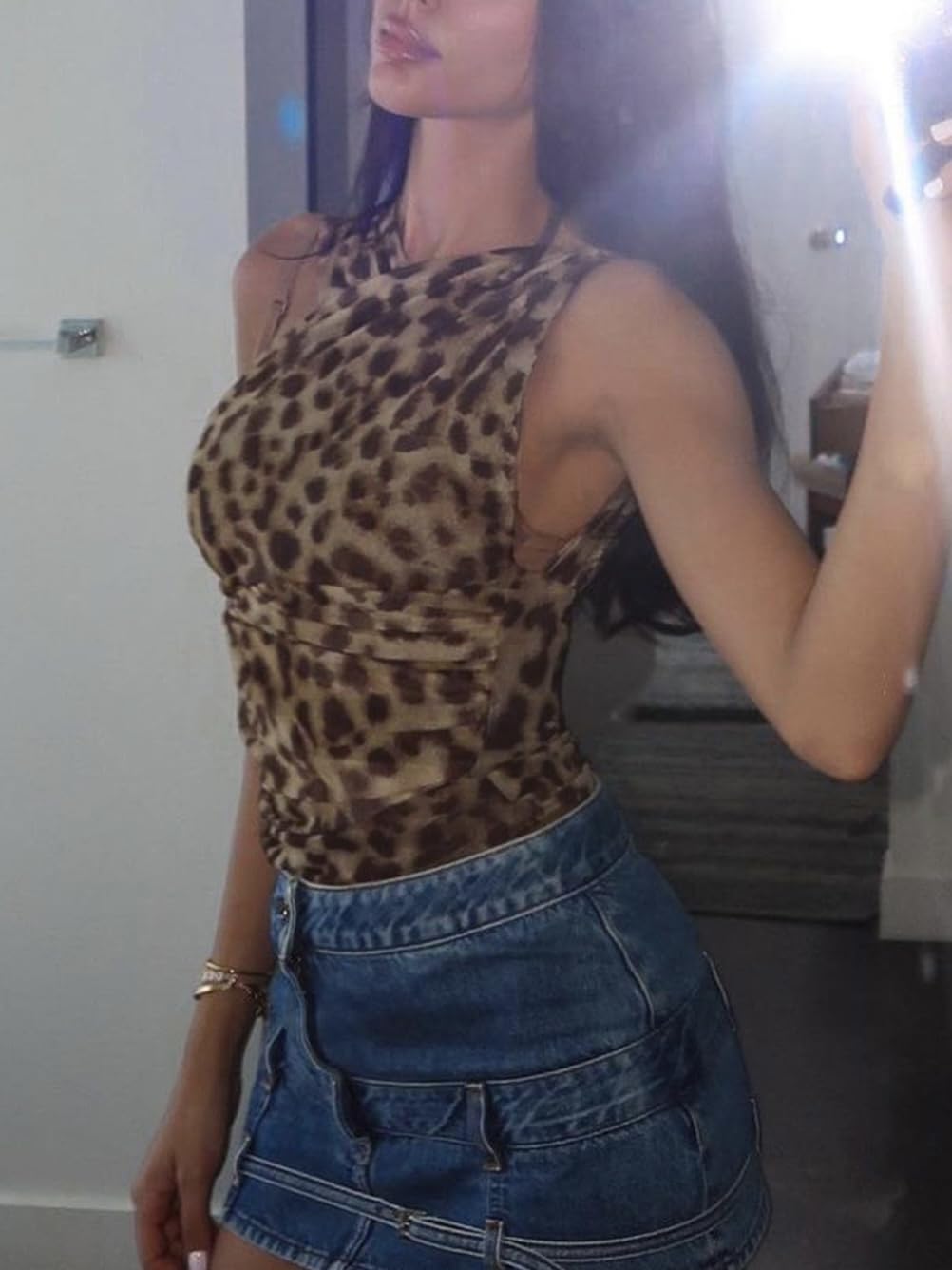 Women's Sleeveless Cheetah Print Halter Top - Stretchy Ruched Mesh Leopard Bodysuit for Streetwear & Night Out | Sexy Clubwear, Party Outfit, Summer Fashion