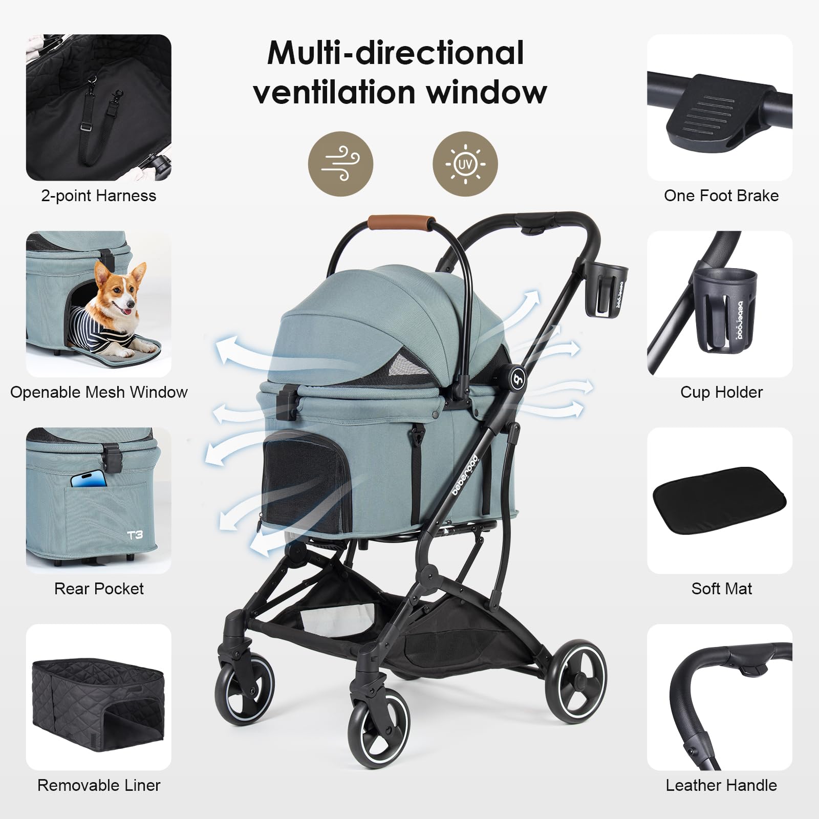 T3 3-in-1 Small Pet Stroller for Dogs & Cats - 4-Wheel Lightweight Folding Design with Removable Carrier, Cushioned Pad, Canopy & Cup Holder - Perfect for Park Walks, Vet Visits & Shopping Trips (Green)