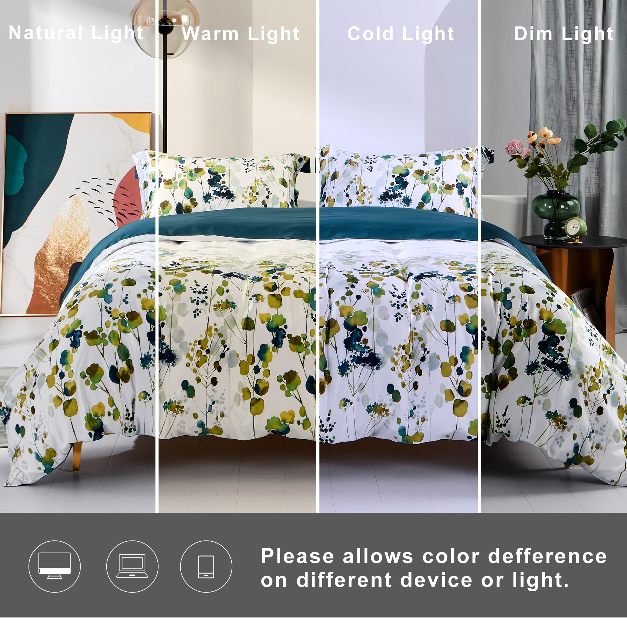 100% Long Staple Cotton 3-Piece Queen Duvet Cover Set - Ultra Soft Yellow Green Leaves Print Autumn Bedding | Cozy Fall Bedroom Decor for Guest Rooms & Master Suites