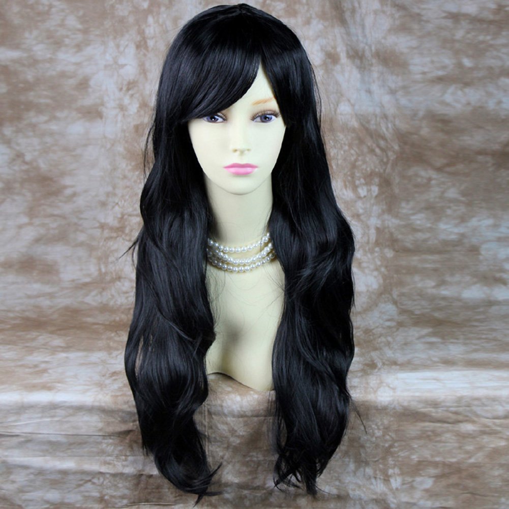 Heat Resistant Long Wavy Black Synthetic Wig with Skin Top & Bangs for Women | Perfect for Cosplay, Halloween, Parties & Everyday Fashion