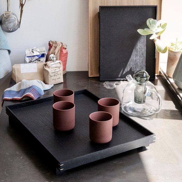 FERM LIVING Bon Wooden Tray - Black Stained Oak Wood Serving Tray with Handles, 2 Size Options for Dining Table, Coffee Table, or Bedside Organization