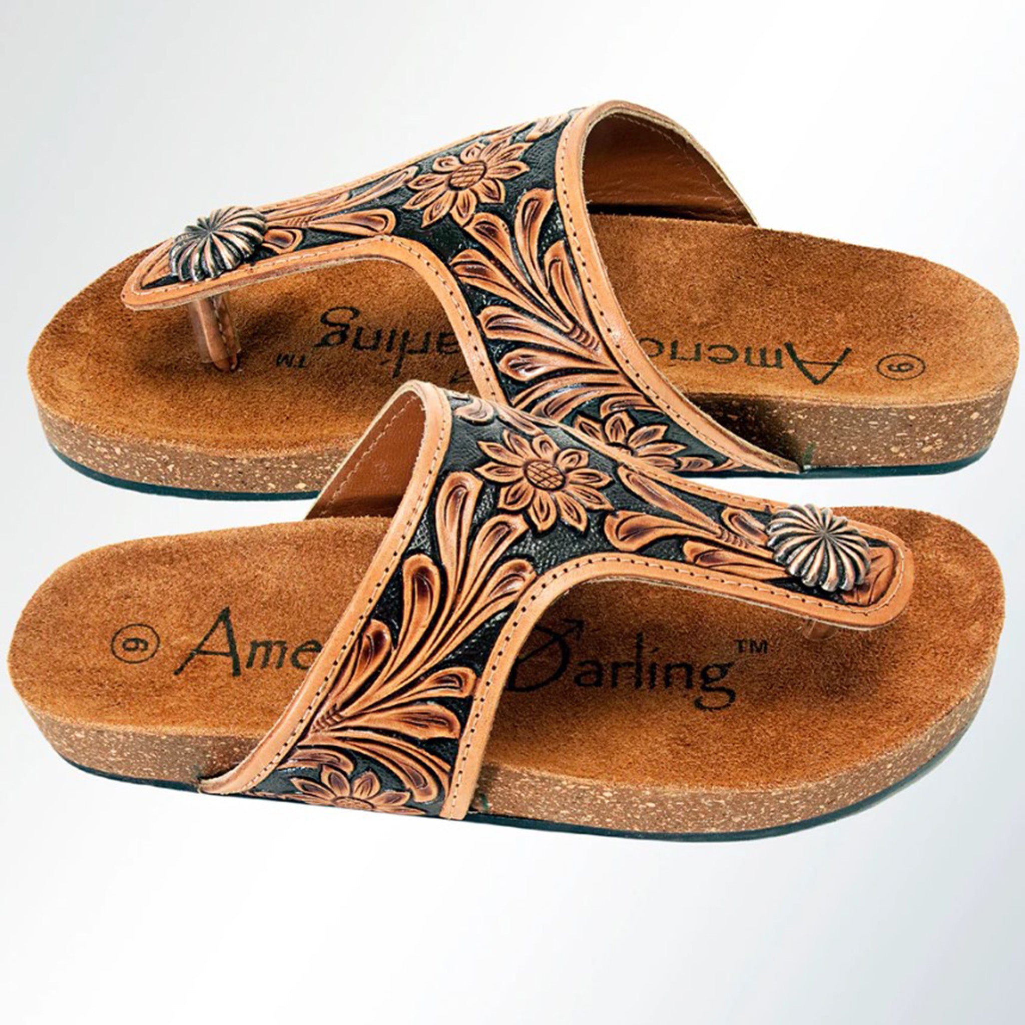 American Darling Women's Tooled Flip Flops - Comfortable Leather Sandals for Summer, Beach & Casual Wear | Handcrafted Boho Design for Outdoor, Vacation & Everyday Use