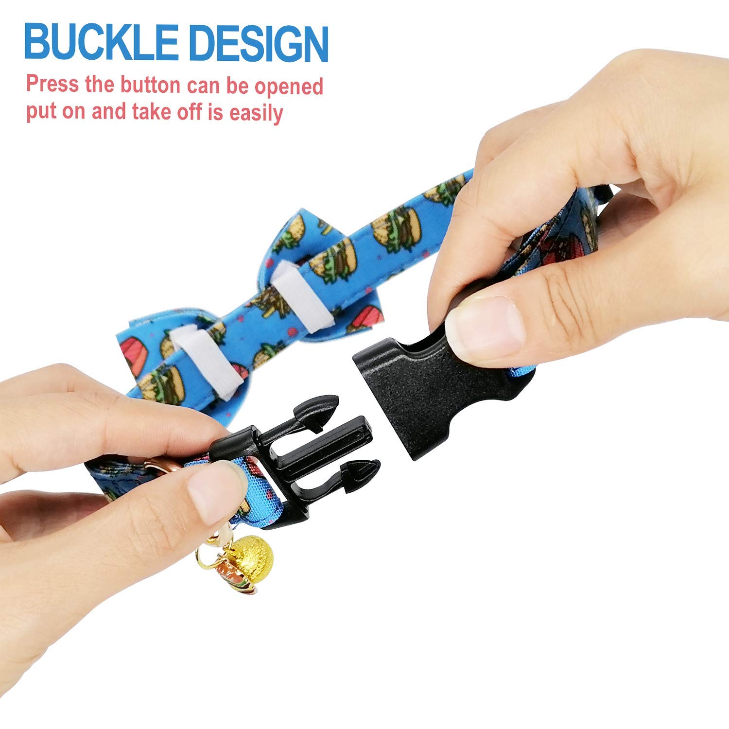KUDES 2 Pack Adjustable Dog Collars with Bow Tie - Cute Pet Collar Set with Bells & Safety Buckle for Small Medium Large Dogs & Cats - Perfect for Birthday Parties, Halloween Costumes & Daily Walks (Hamburger+Sushi, L 14