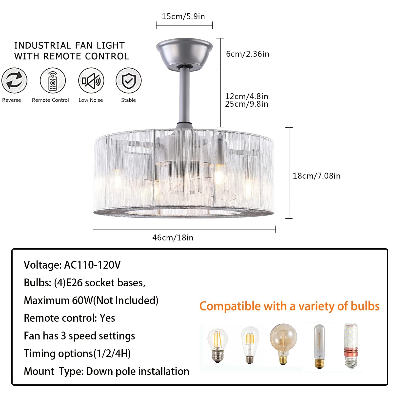 18 Inch Crystal Ceiling Fan with Light and Remote Control - Handcrafted Silver Wire Shade Caged Chandelier Fan - Modern Enclosed Ceiling Fan for Kitchen, Dining Room, Living Room - 4 x E26 Bulbs (Not Included) - Perfect for Home, Office, and Commercial Spaces
