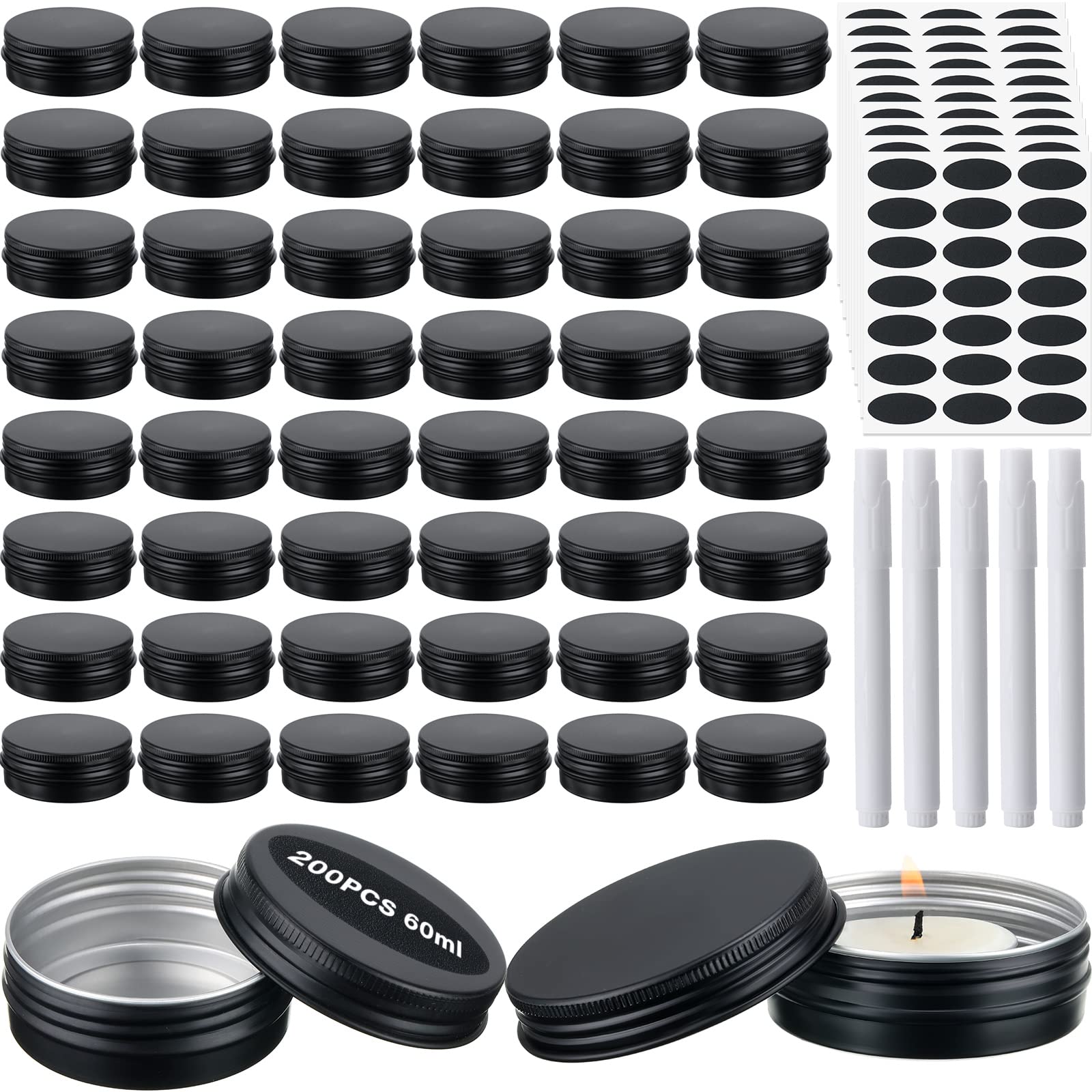 200 Pack 2 oz Black Round Screw Top Aluminum Tins with Lids - Metal Containers for DIY Lip Balm, Cosmetics, Salves, Candles & Wax - Includes 5 Markers & 10 Label Stickers - Perfect for Home Crafting, Gift Packaging & Small Business Storage