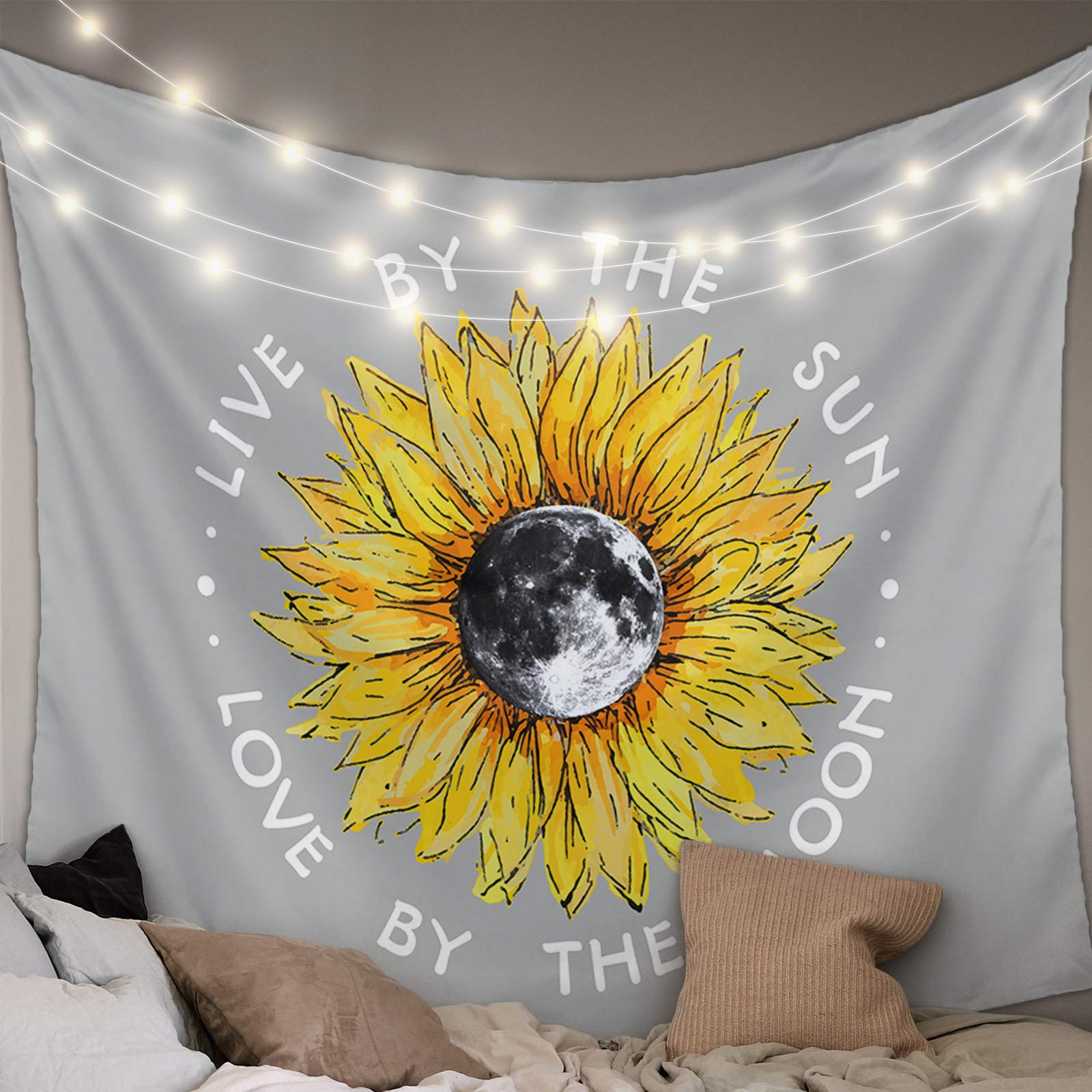 Live by The Sun Love by The Moon Sunflower and Moon Gray Tapestry Wall Hanging - 51x59 Inch Boho Home Decor for Living Room, Bedroom, Beach House - Perfect for Dorm, Yoga Studio & Festival Decor