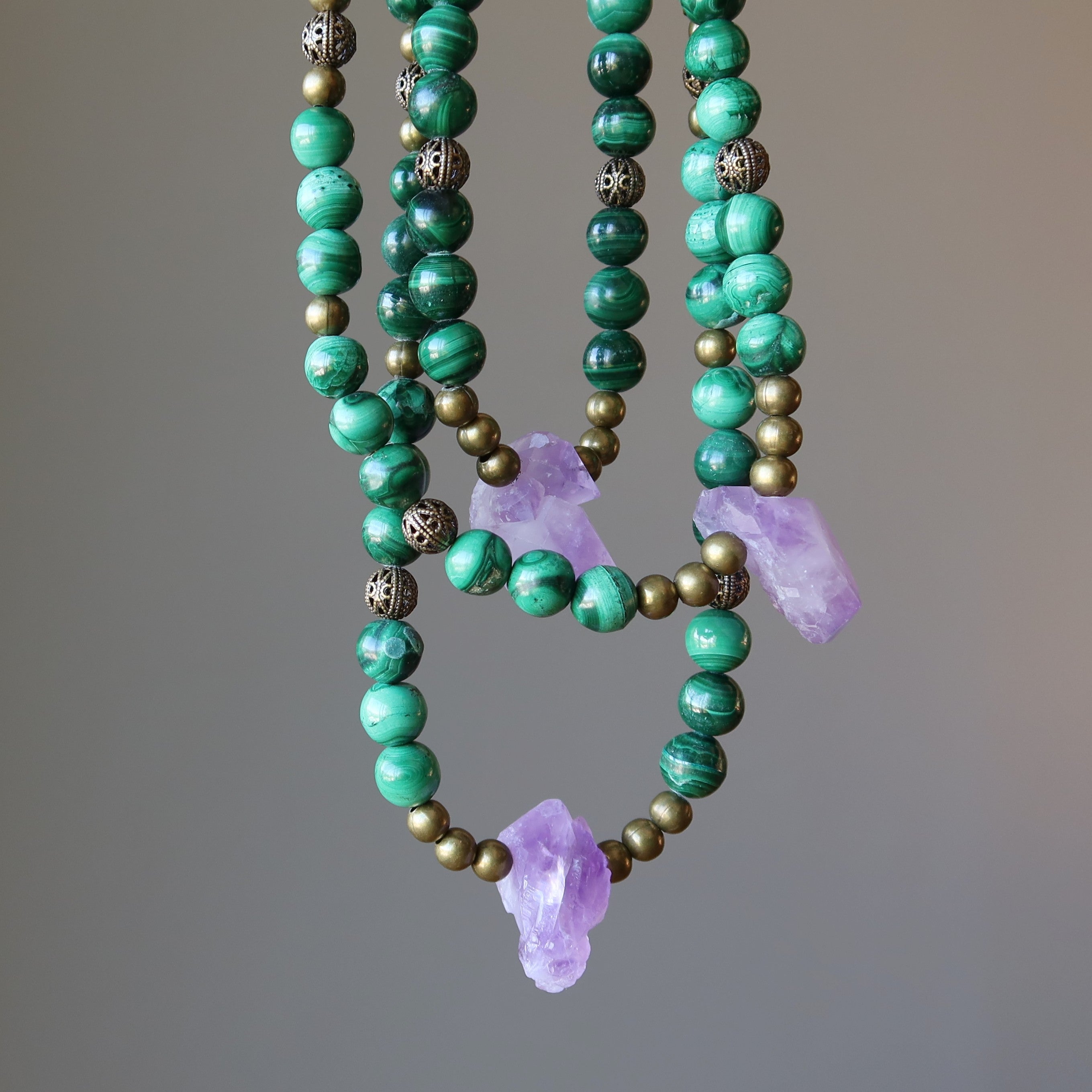 Amethyst and Malachite Crystal Necklace - Vintage Antique Style Jewelry for Women - Perfect for Gifts, Meditation & Spiritual Healing