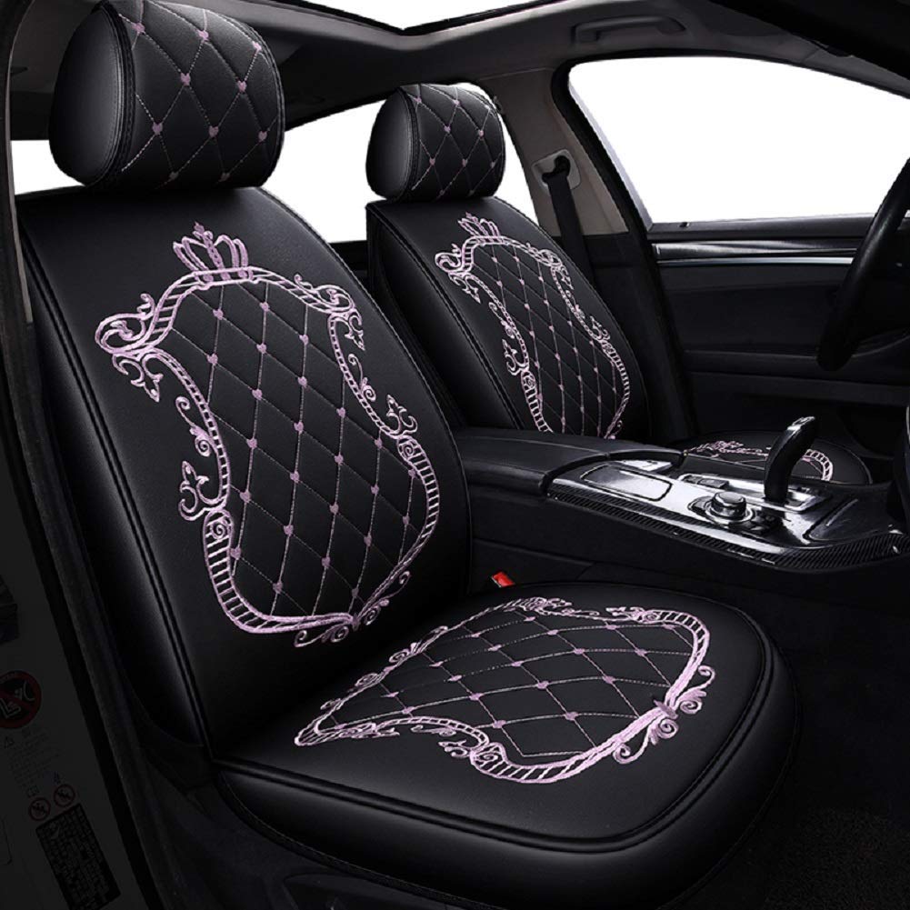 Skysep Crown Universal Fit 5-Seat Waterproof Leather Car Seat Covers Set - Adjustable & Removable Auto Seat Protector with 2 Lumbar Support Pillows & 2 Headrest Pillows (Black/Pink) - Perfect for SUVs, Sedans & Family Vehicles