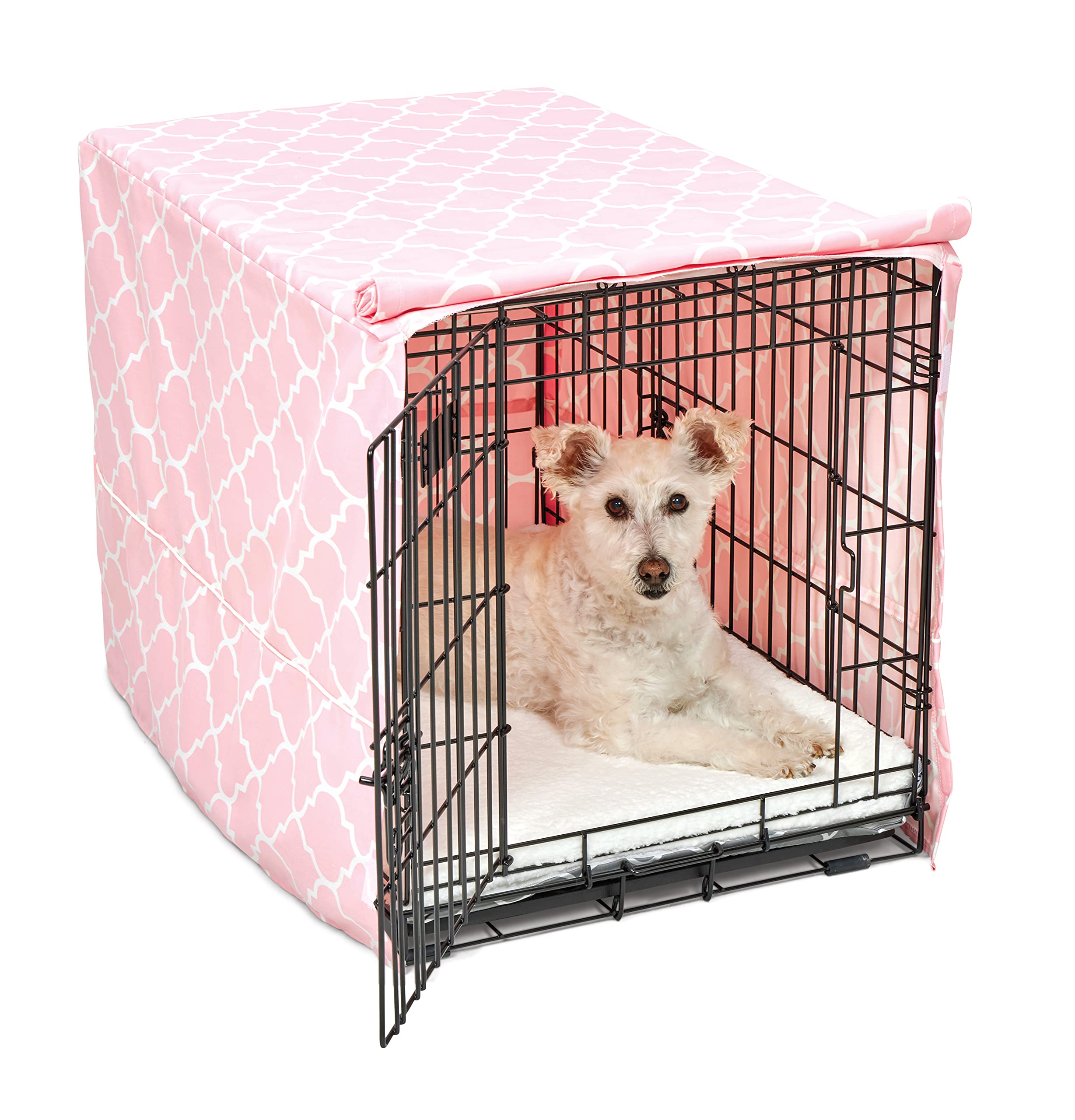 New World Pet Products 30-Inch Dog Crate Cover with Teflon Fabric Protector - Fits Midwest Dog Crates, Pink Designer Pattern for Home & Travel Use