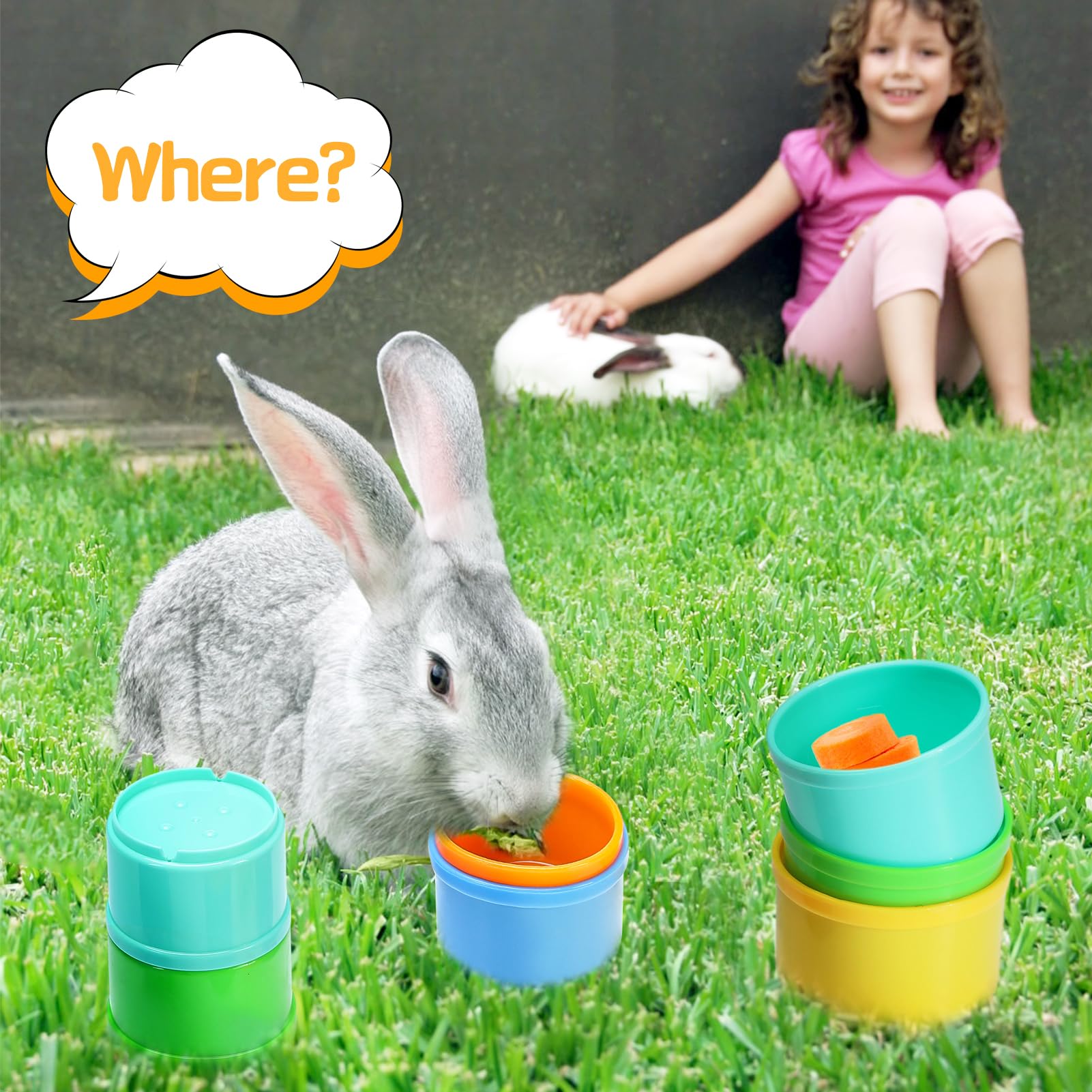 MEWTOGO 8 Pcs Rabbit Stacking Cups - Safe Reusable Bunny Toys in Rainbow Colors, Durable Nesting Cups for Small Animals (Hamsters, Guinea Pigs, Chinchillas) - Perfect for Food Hiding, Foraging & Playtime Activities