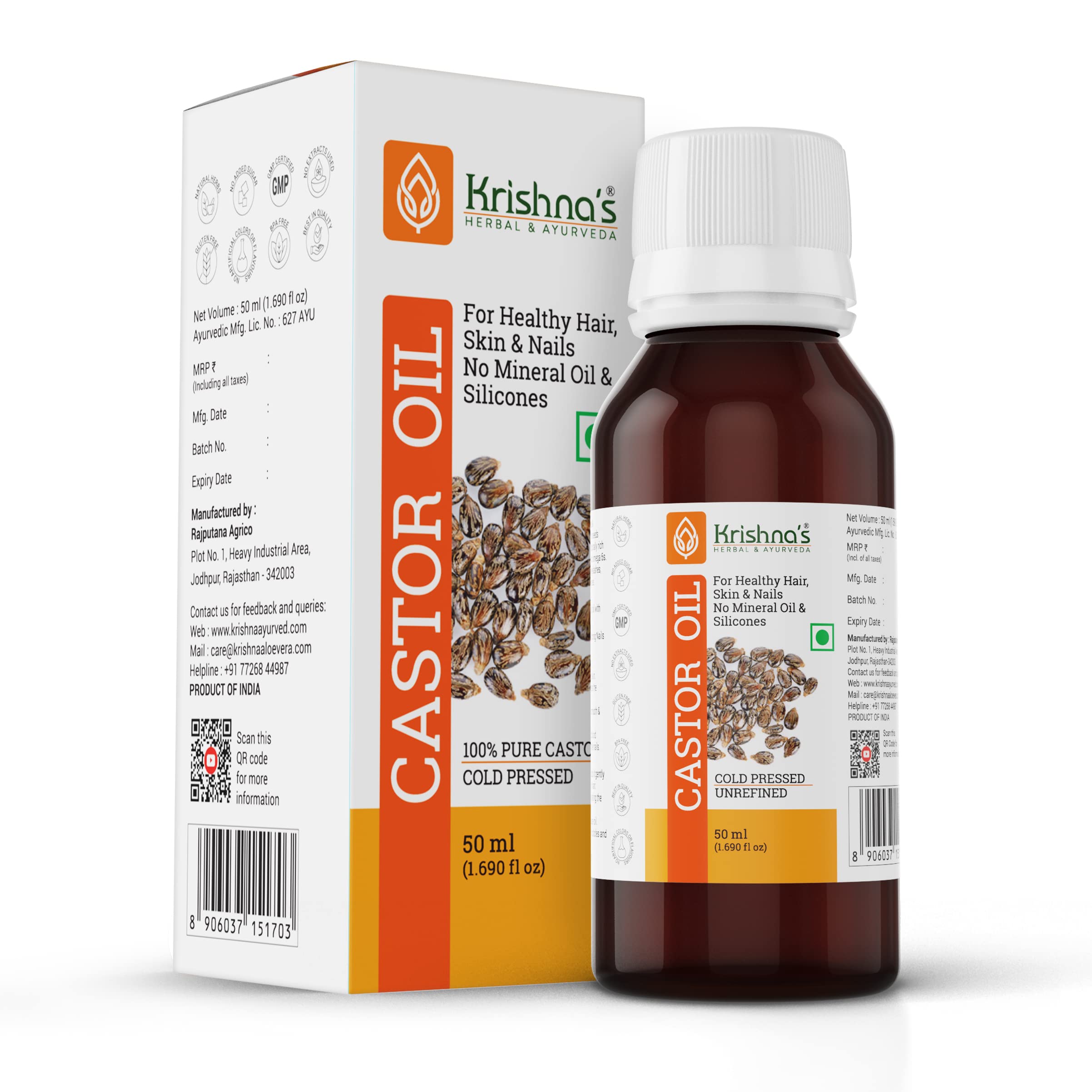 100% Pure Cold Pressed Castor Oil for Hair Growth & Skin Care - 50ml | Organic & Natural | Perfect for Eyelash Growth, Beard Care & Moisturizing Dry Skin