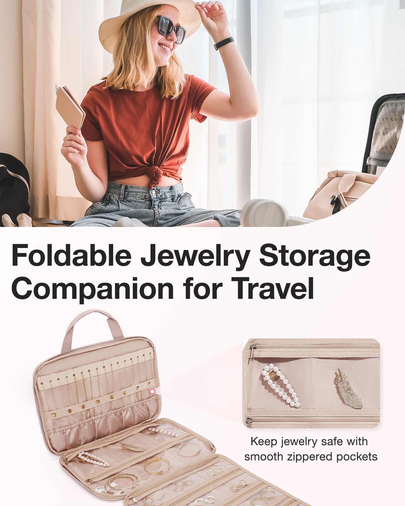 BAGSMART Travel Jewelry Organizer - Hanging Roll Jewelry Case with Zipper Pockets to Prevent Oxidation, Large Capacity for Earrings Necklaces Rings - Perfect for Closet Wall Door Storage & Portable Travel Essentials (Pink) | Great for Vacation Business Trips & Daily Jewelry Organization