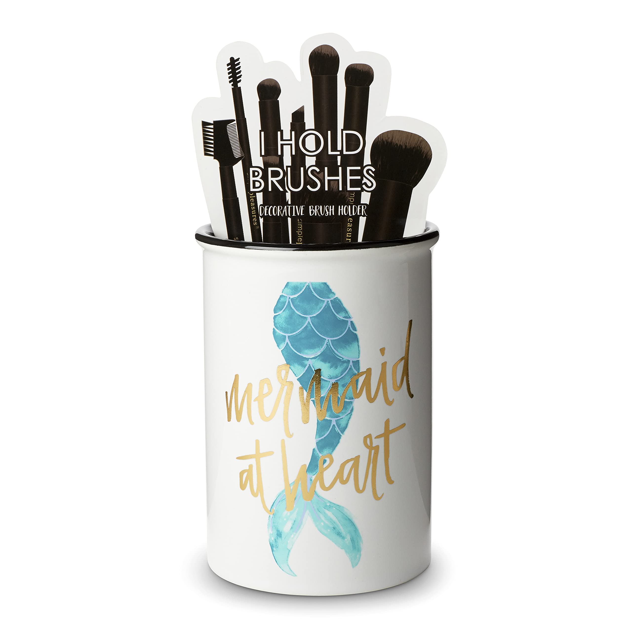 Ceramic Makeup Brush Holder with Inspirational Quotes - White Round Cosmetic Organizer for Brushes & Accessories - Perfect for Bathroom Vanity, Dresser & Makeup Studio (Mermaid Design)