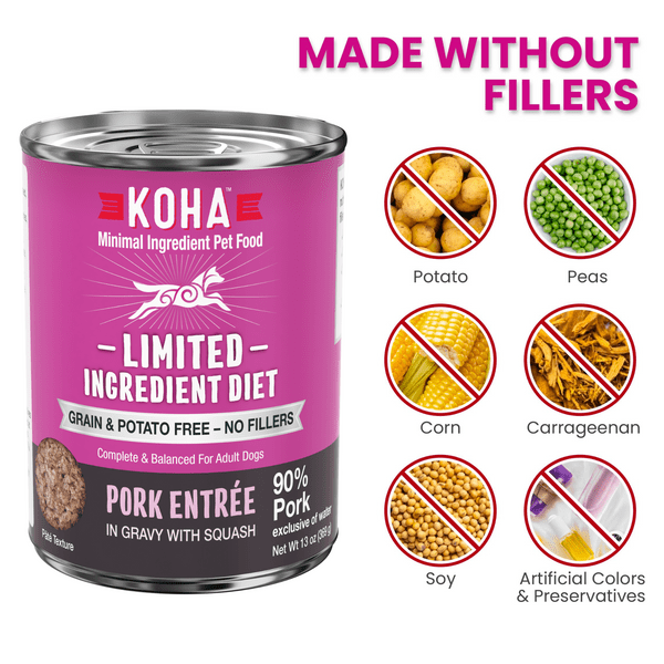 KOHA LID Pork Entrée Canned Dog Food - Grain-Free, Limited Ingredient Diet for Dogs with Sensitive Stomachs - Perfect for Mealtime, Travel & Emergency Pet Food Supply