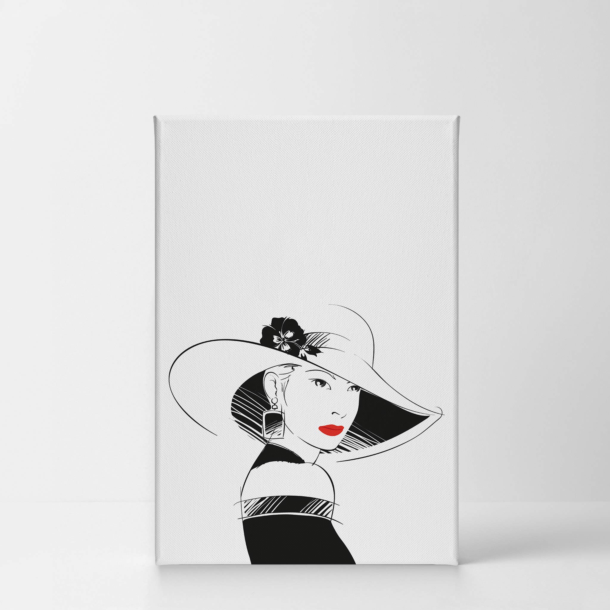 Black and White Glam Fashion Canvas Print - Woman with Hat & Red Lips Wall Art for Office, Bathroom, Teen Girls Room, Women Dorm, Bedroom & Living Room Decor - Ready to Hang 36x24 - Perfect for Modern Home & Office Aesthetic