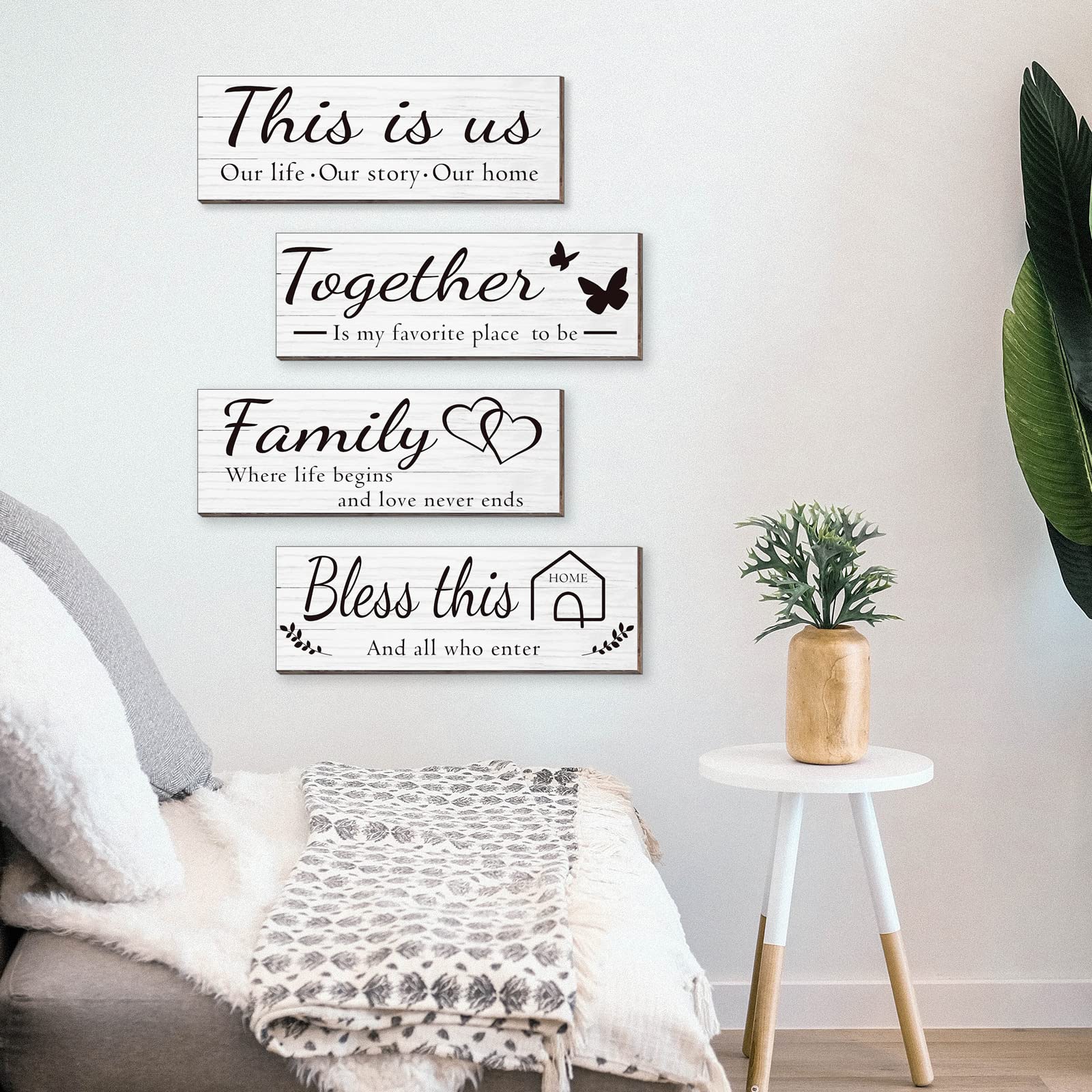 4-Piece Rustic Farmhouse Wooden Wall Art Decor Set - THIS IS US, TOGETHER, BLESS THIS HOME, FAMILY Signs for Living Room & Bedroom, 4.7 x 13.8 Inch (White) - Perfect for Home Decor, Housewarming Gifts & Farmhouse Style Interiors