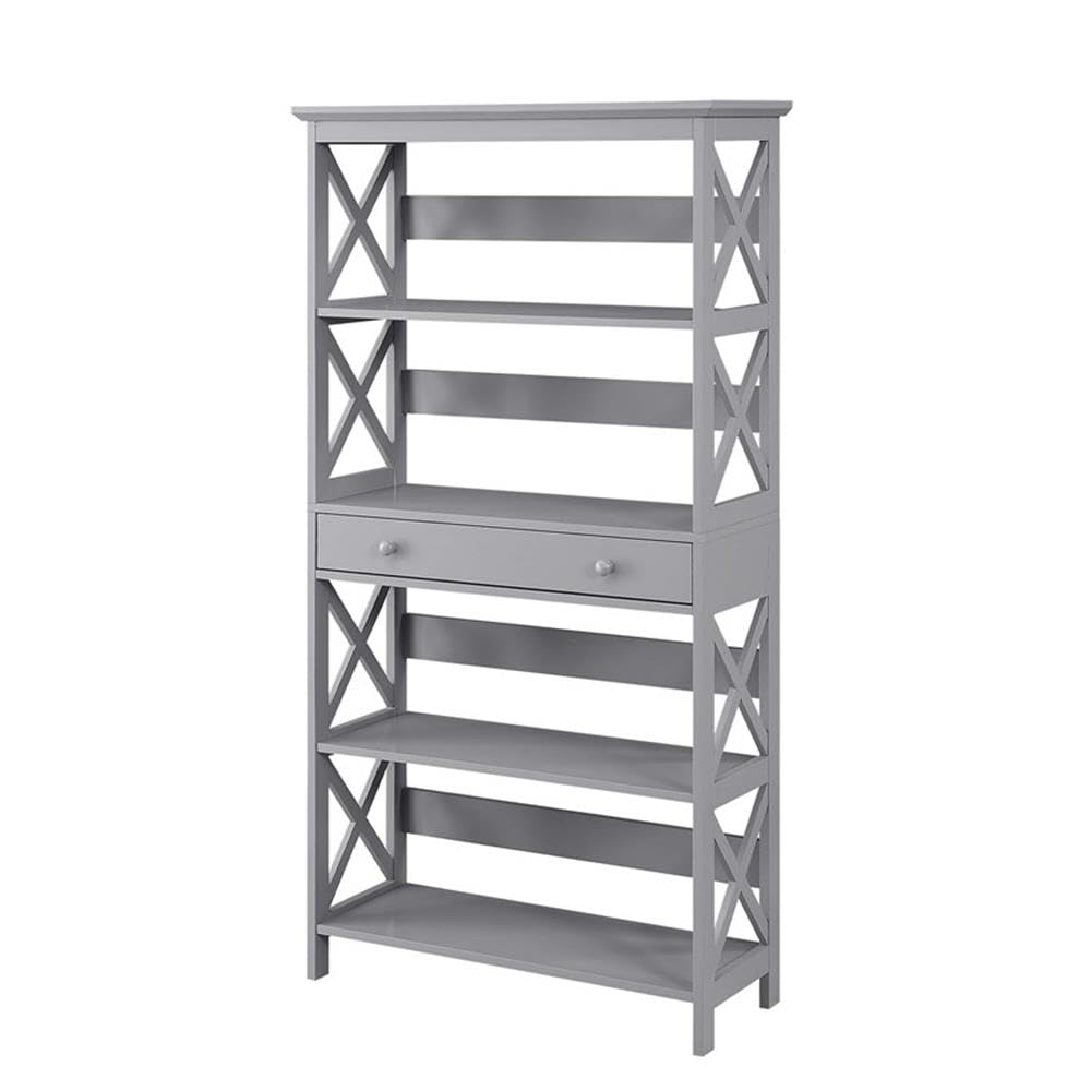 Pemberly Row 5-Tier Bookcase with Storage Drawer - Gray Wood Finish Bookshelf for Living Room, Office & Bedroom Organization