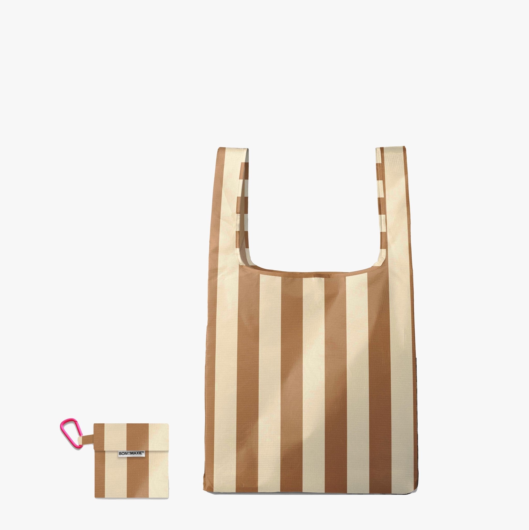 Eco-Friendly Reusable Shopping Bags - 2 Pack with 2 Sizes (Tan/Beige Stripe) - Durable Grocery Tote Bags for Groceries, Farmers Market & Sustainable Shopping