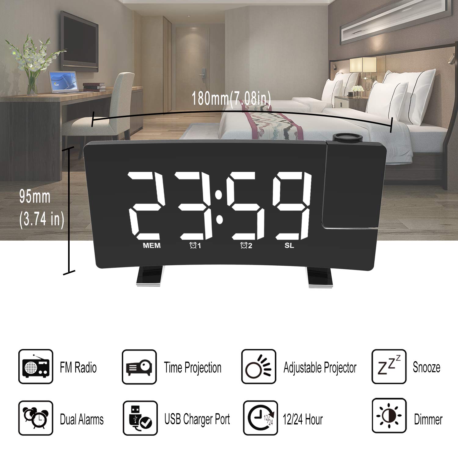 3H Digital Projection Alarm Clock with FM Radio, USB Charger, Dual Alarms, 5