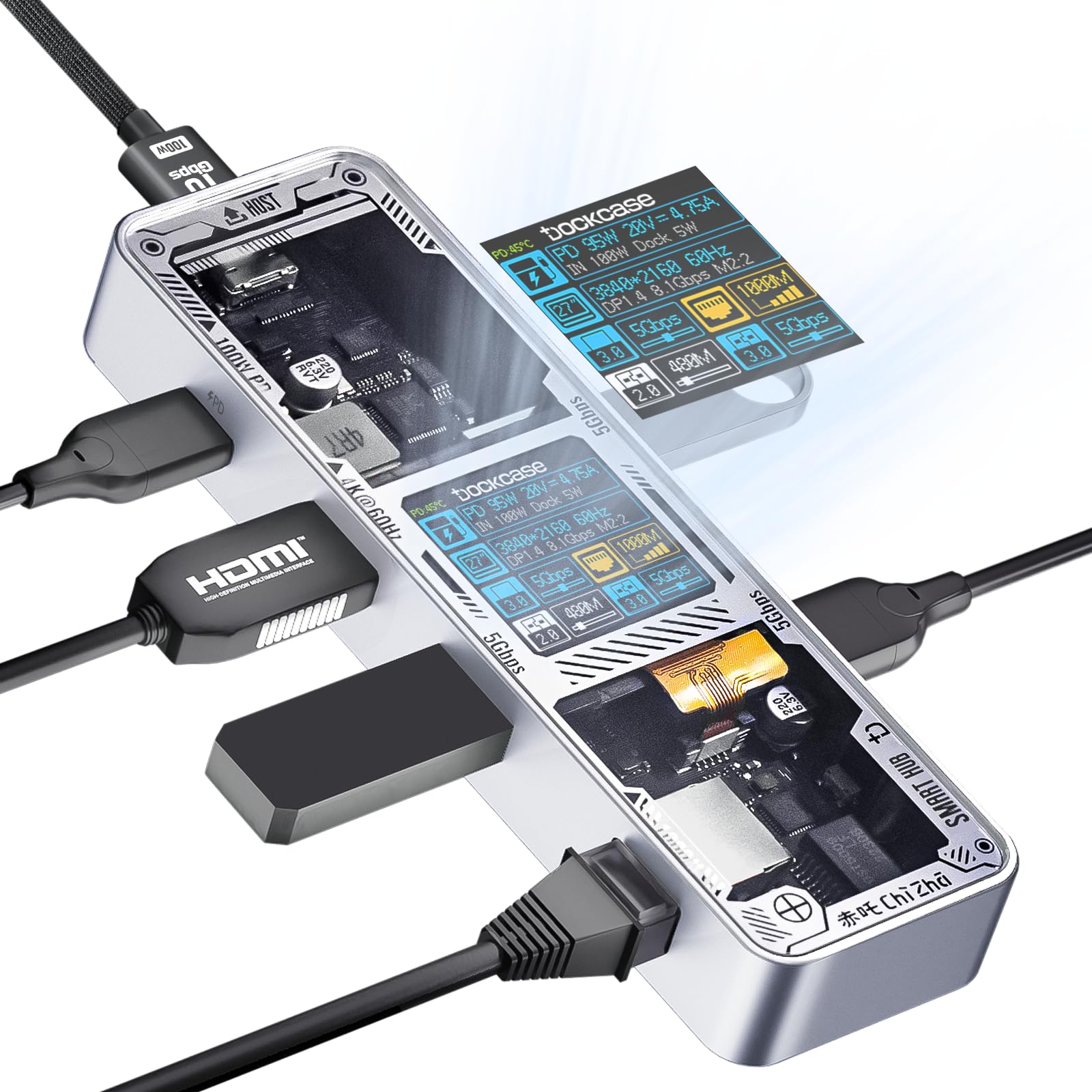 DOCKCASE Explorer Edition 6-in-1 Smart USB C Hub with Gigabit Ethernet, 4K@60Hz HDMI, 100W PD 3.0 Charging, 2x USB-A 3.2 & 1x USB-C 3.0 Ports - Glossy Silver - Perfect for MacBook Pro, iPad Pro, and Windows Laptops for Home Office, Gaming, and Video Streaming