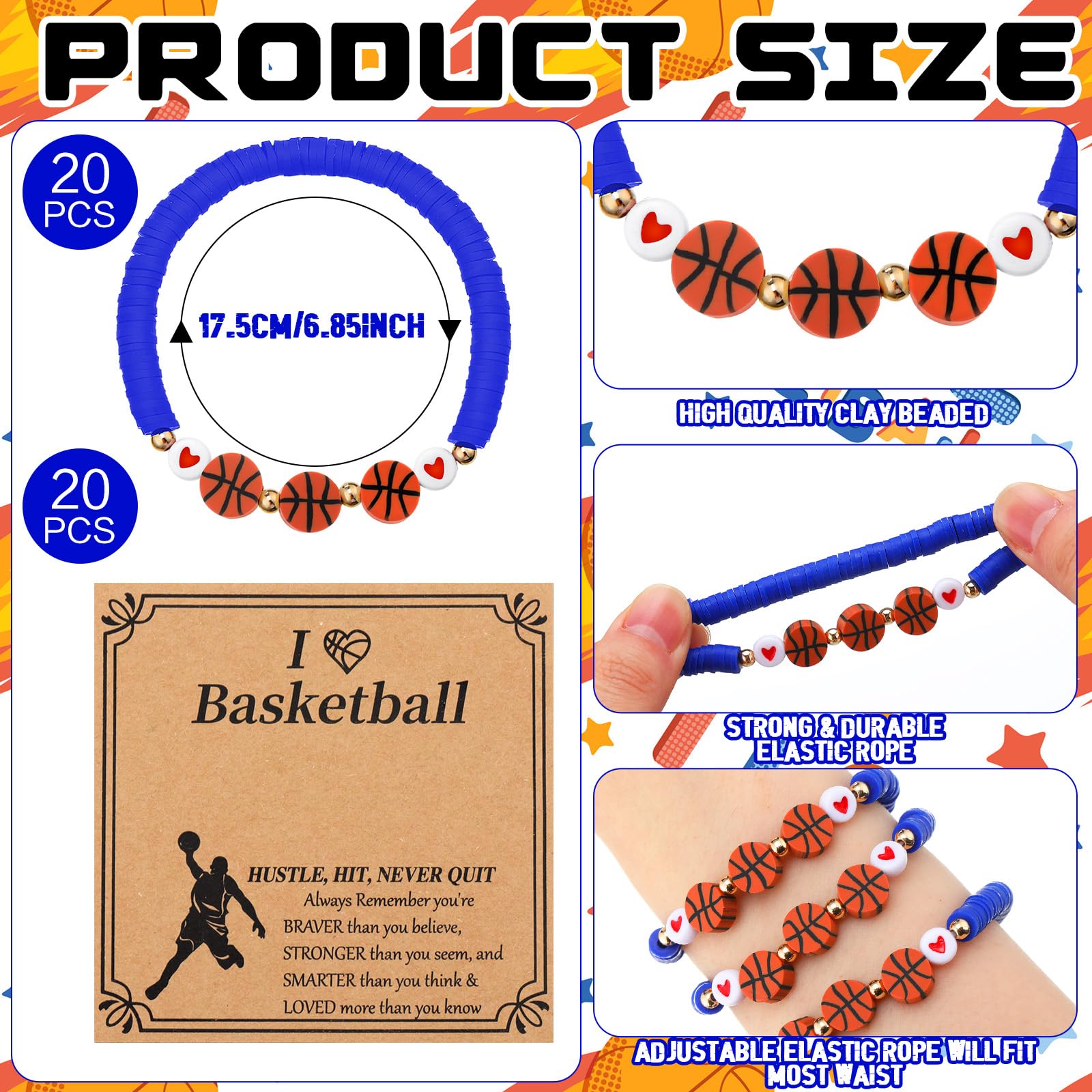 20-Pack Basketball Beaded Bracelets with Inspirational Cards - Motivational Sports Team Gifts for Basketball Players, Coaches & Fans - Perfect for Games, Practices & Team Spirit Events