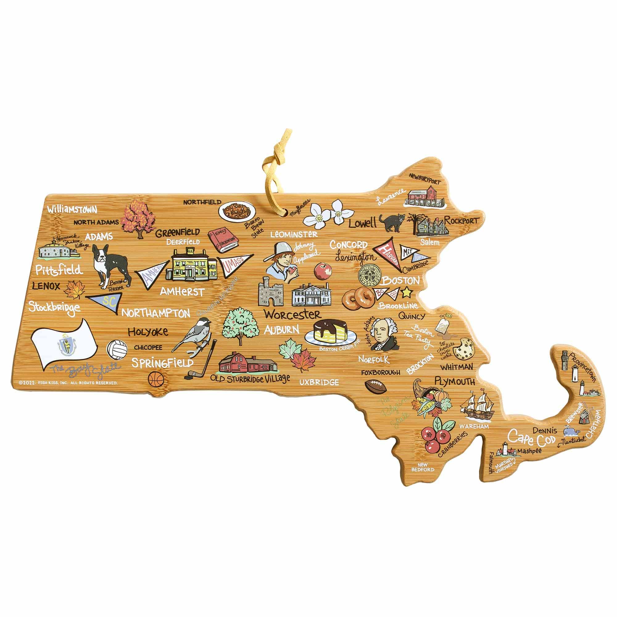 Premium Massachusetts-Themed Wooden Cutting Board with Fish Kiss™ Artwork - Perfect for Kitchen Decor, Gift Giving & Home Use