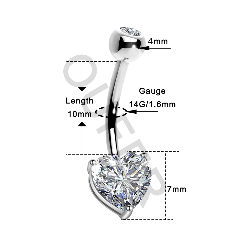 14K Solid White Gold Belly Button Rings with Heart Solitaire Cubic Zirconia - OUFER Navel Piercing Jewelry for Women | Elegant Body Jewelry for Everyday Wear, Parties, Beach Outfits & Special Occasions | Perfect for Date Nights, Vacations & Piercing Gifts | Ideal for Casual, Formal & Summer Fashion Styles