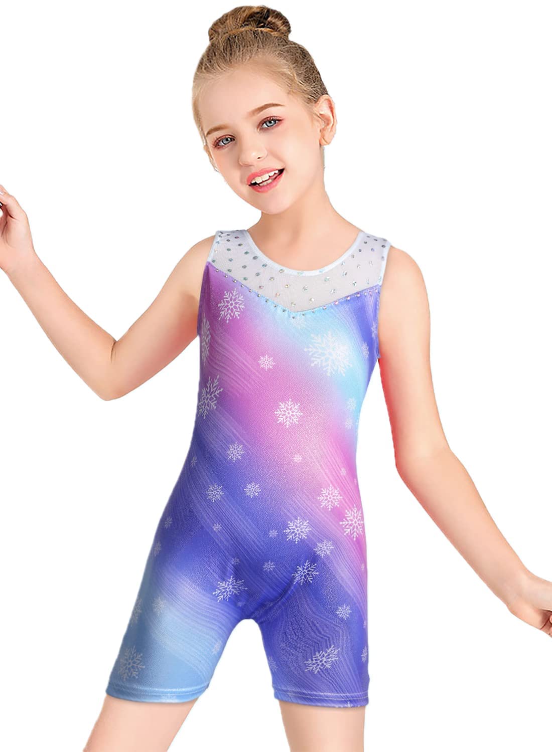 Girls Gymnastics Leotard - Toddler Dance Biketard with Mermaid & Unicorn Design - Shiny Rainbow Blue & Hot Pink Athletic Wear for Ballet, Cheerleading & Performance
