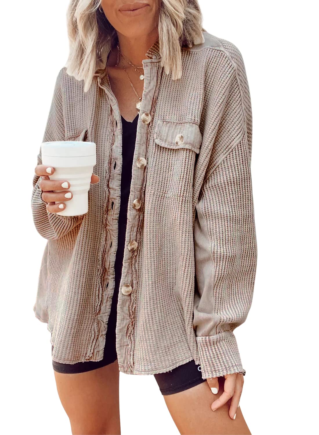 Women's Loose Fit Batwing Sleeve Waffle Knit Button Down Shirt Shacket - Casual Long Sleeve Tops for Fall & Winter Layering, Office Wear and Weekend Outfits