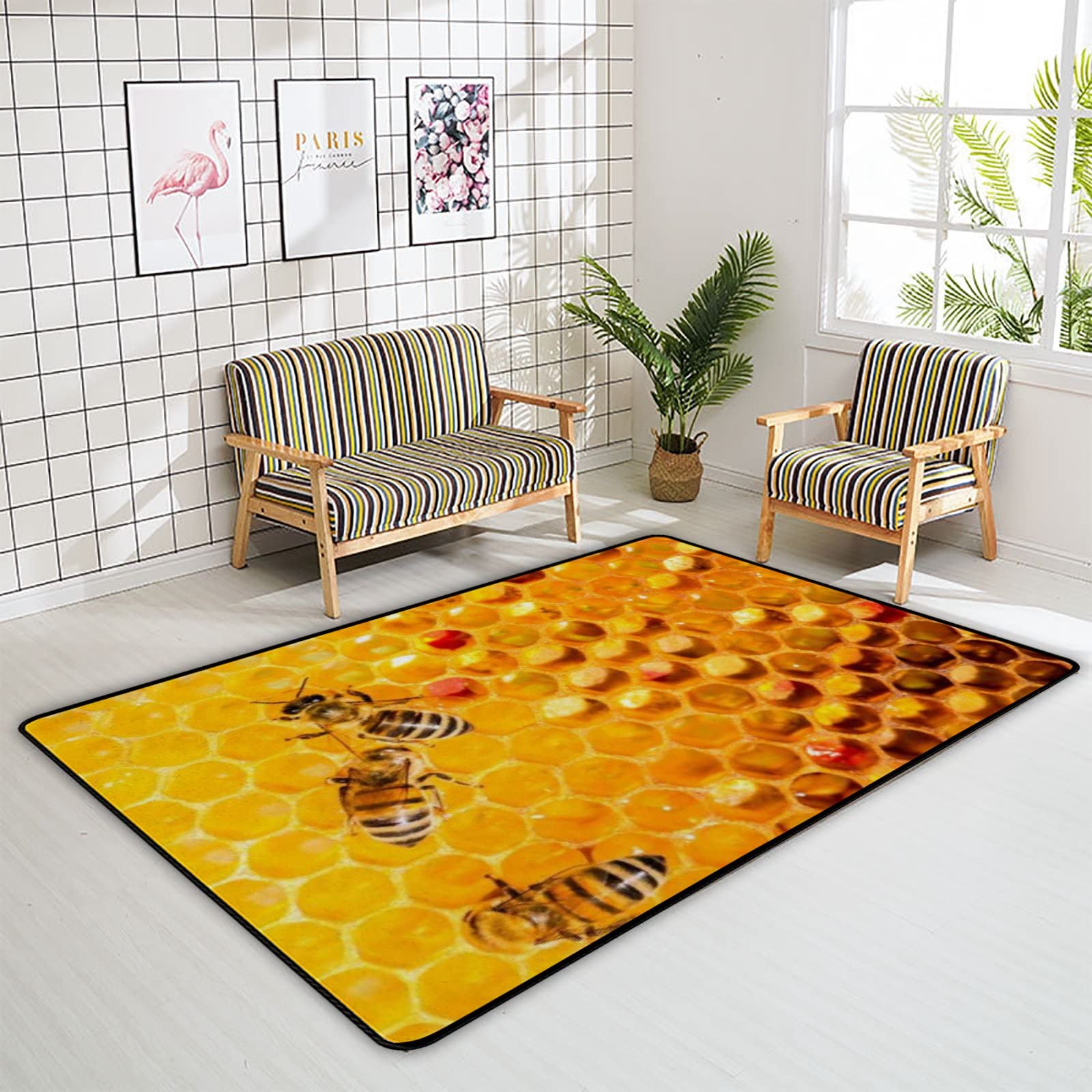 Non-Slip Honeycomb Bee Pattern Large Area Rug - 80x58 Inch Soft Floor Carpet for Living Room, Bedroom, Nursery & Playroom | Perfect for Yoga, Kids Play Area and Home Decor