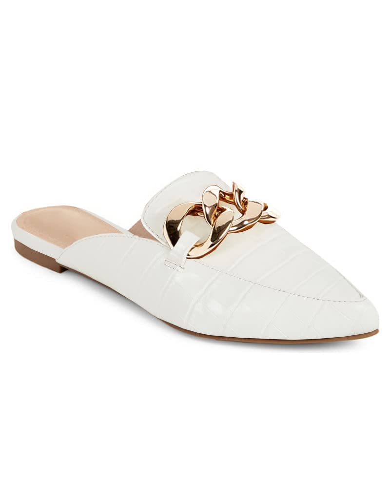 Juliet Holy Women's Pointed Toe Mules - Backless Slip On Loafers with Metal Chain Detail | Perfect for Office, Casual Outfits & Summer Wear