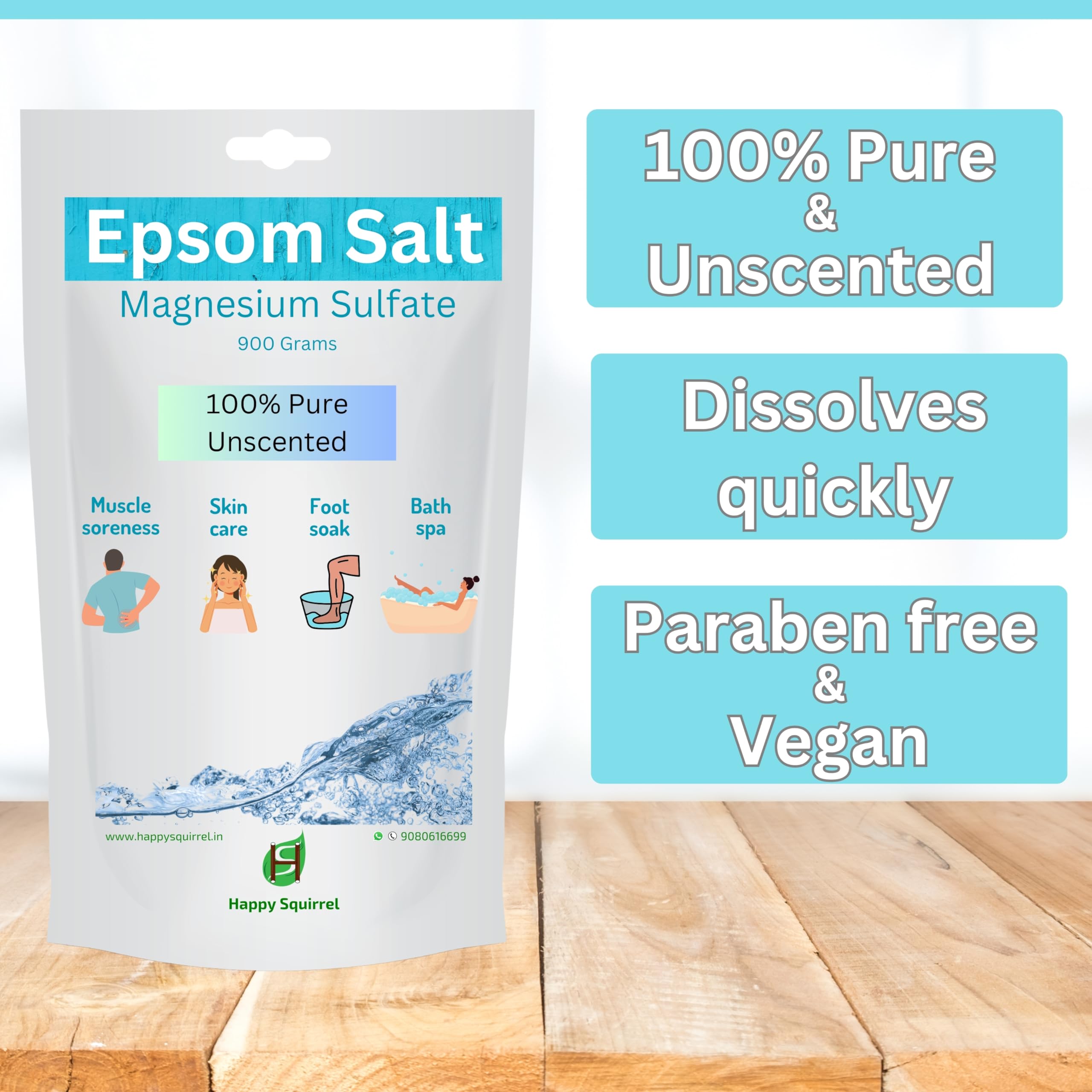 Happy Squirrel Epsom Salt for Foot Soak & Pain Relief | 100% Pure Magnesium Sulfate (900g) | Unscented Muscle Relaxation Bath Salt | Perfect for Post-Workout Recovery, Stress Relief & Spa Treatments