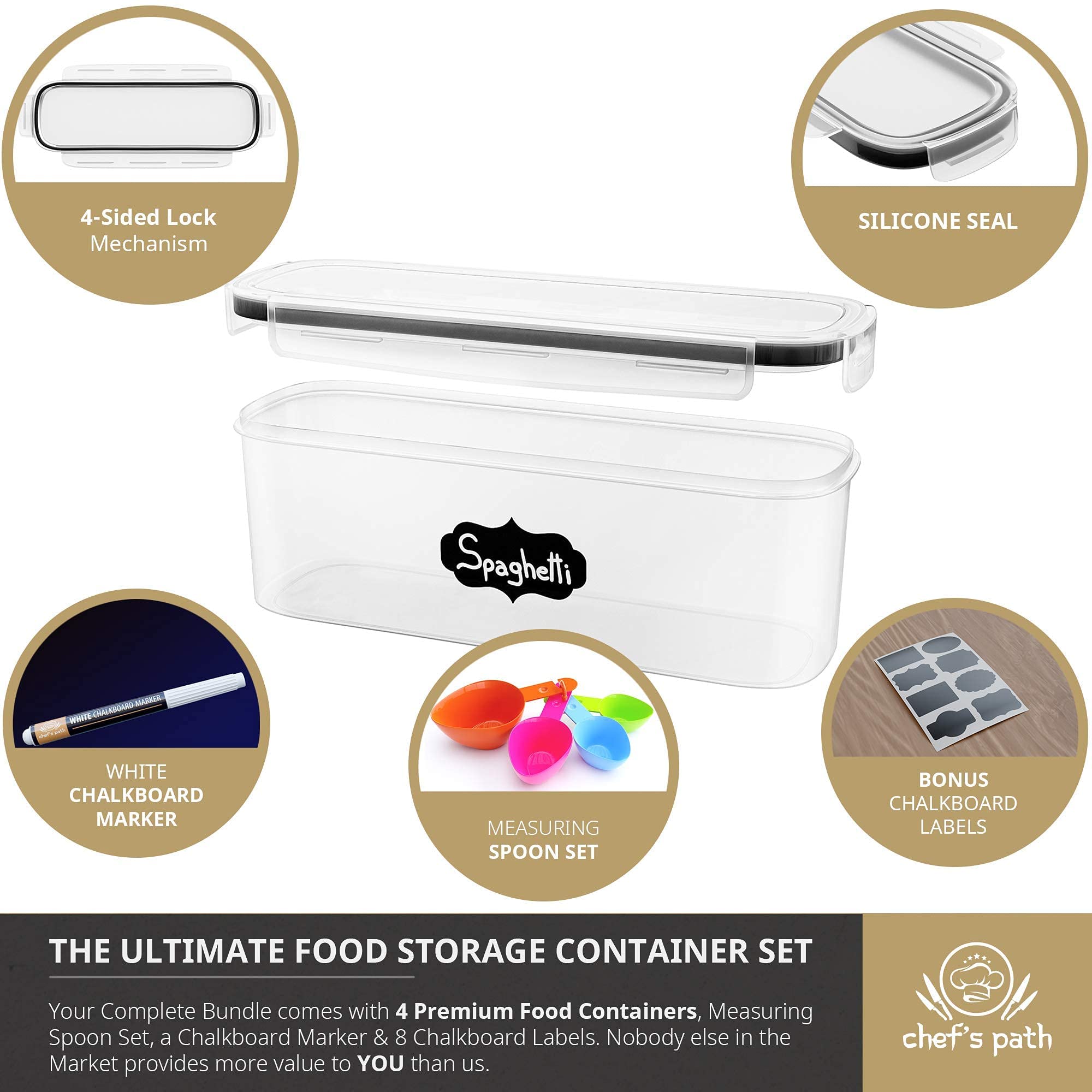 Chef's Path 4-Piece Airtight Food Storage Container Set - BPA Free Kitchen Organizers for Pasta, Spaghetti, Candy & Dry Goods (2.3L) | Perfect for Pantry, Meal Prep & Bulk Food Storage