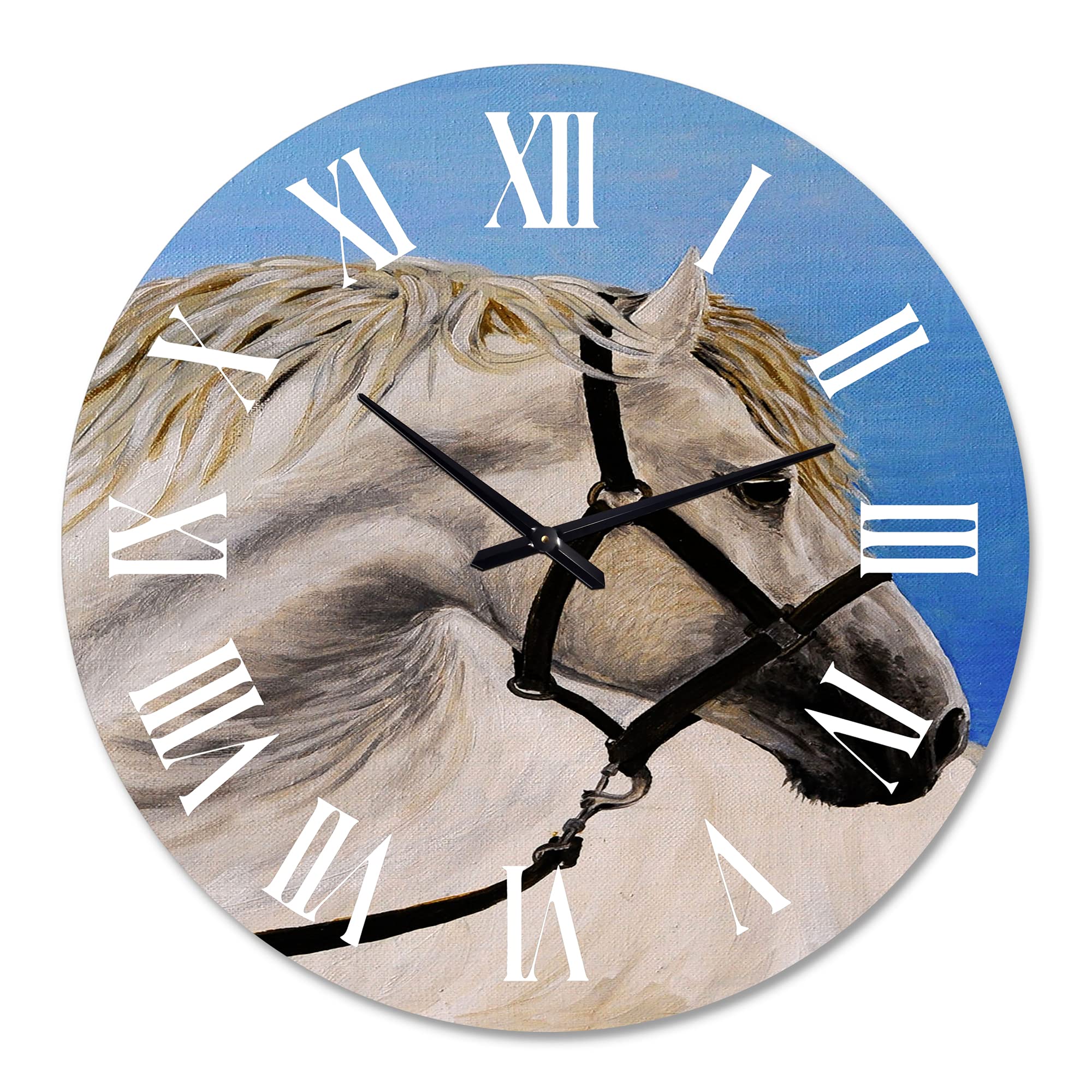 Farmhouse Wall Clock - Large White Horse Portrait in The Furrow - Rustic Animal Wall Decor for Living Room, Bedroom & Office - Perfect for Home, Farmhouse & Country Style Interior Design