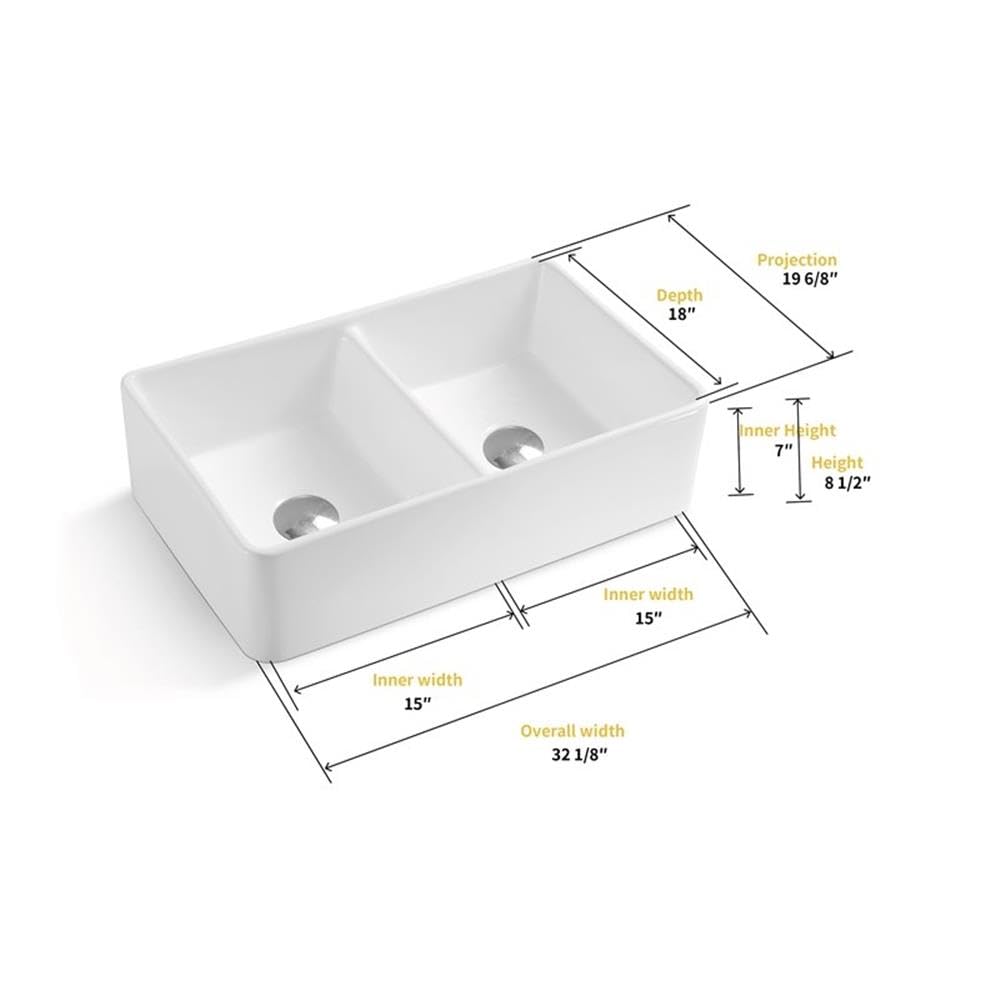 Trieste 32-Inch White Ceramic Double Bowl Farmhouse Apron Kitchen Sink - Perfect for Rustic & Modern Kitchens, Dishwashing & Food Prep
