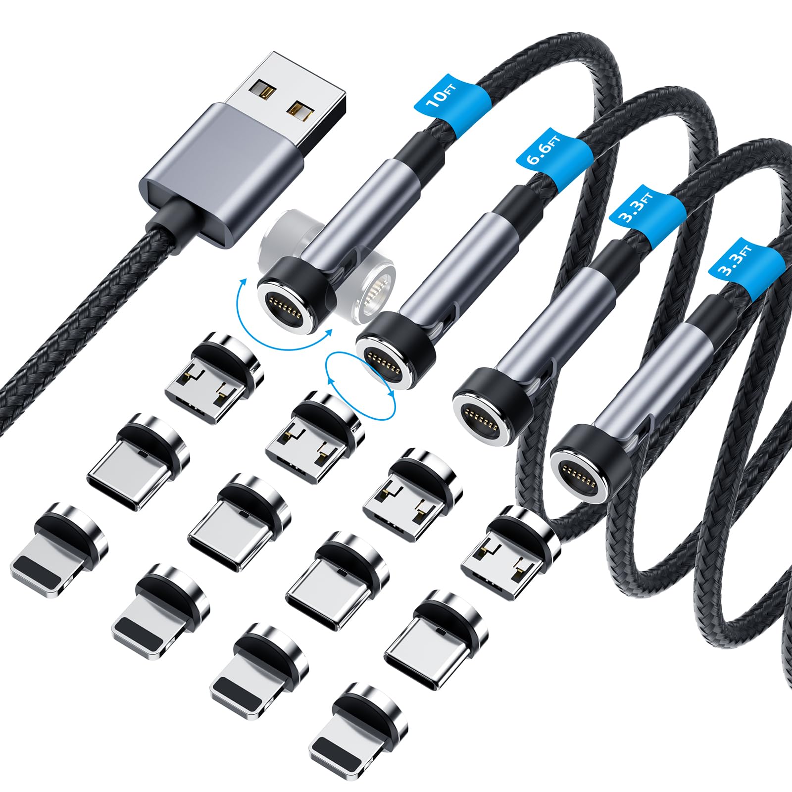 540° Rotating Magnetic Charging Cable 3-in-1 [4-Pack 3ft/3ft/6ft/10ft] - 3A Fast Charger with Data Transfer for iPhone, Android, Type C Devices - Perfect for Home, Office & Travel Charging