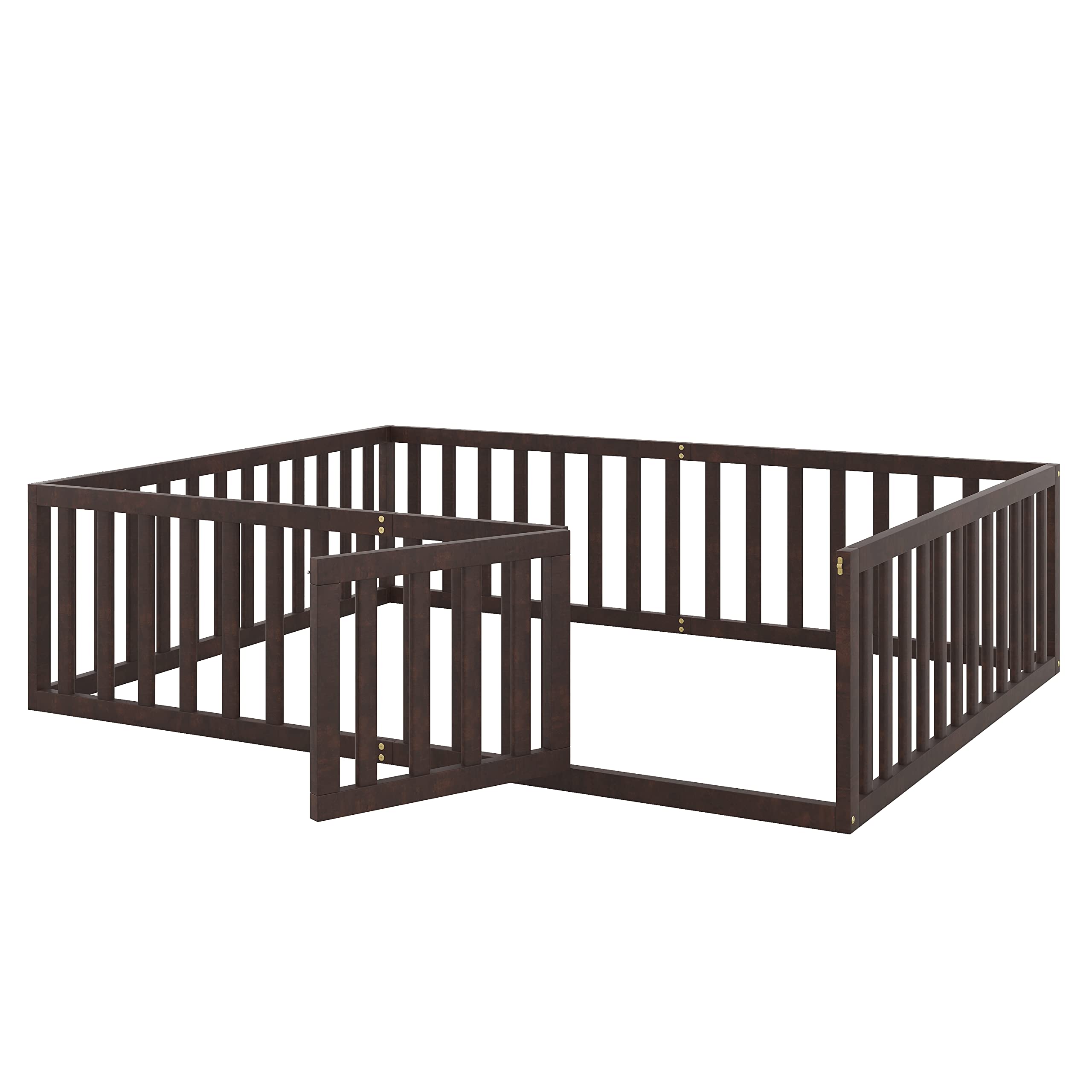 MERITLINE Queen Size Wooden Bed Frame with Safety Fence & Door - Montessori Floor Bed for Kids 6+ Years - Easy Assembly - No Box Spring Needed (Walnut) - Perfect for Toddler Rooms, Daycare Centers & Montessori Classrooms