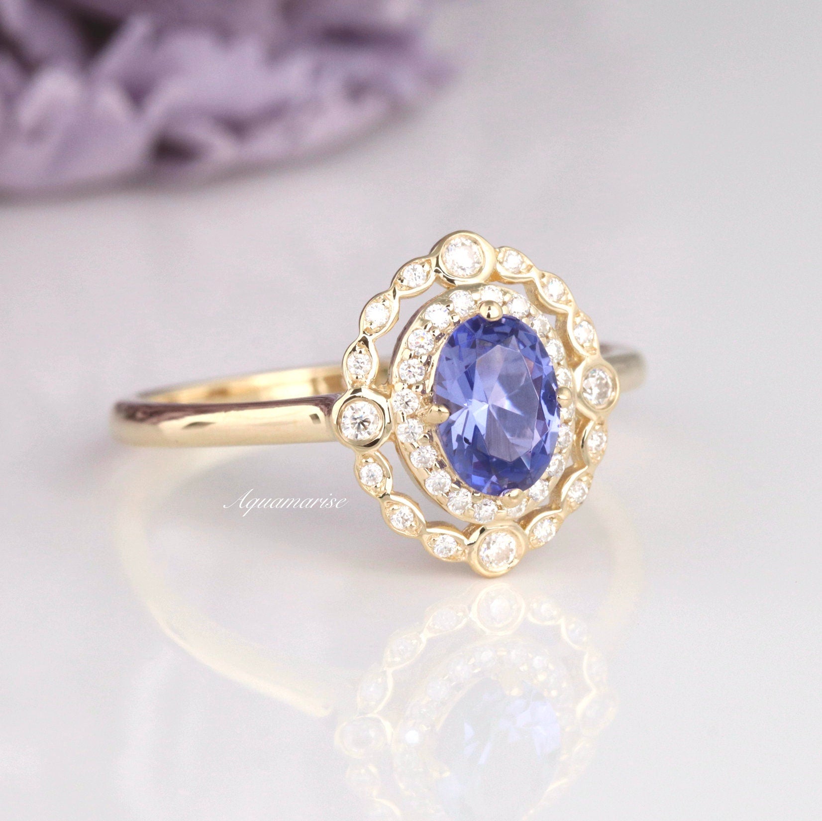 Valentine Natural Tanzanite Engagement Ring for Women - 10K/14K/18K Solid Yellow Gold Wedding Band - Perfect for Proposals, Anniversaries & Special Occasions