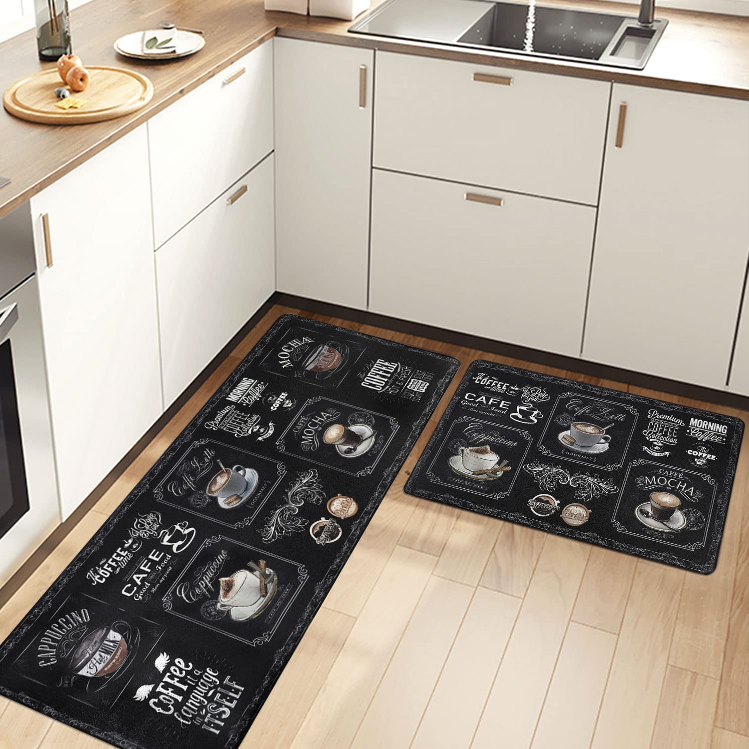 Famibay 2-Piece Anti-Fatigue Kitchen Mats Set - Non-Slip Waterproof Cushioned Floor Mat with Coffee Design, Easy to Clean Foam Rug for Kitchen Sink, Laundry & Standing Areas (17
