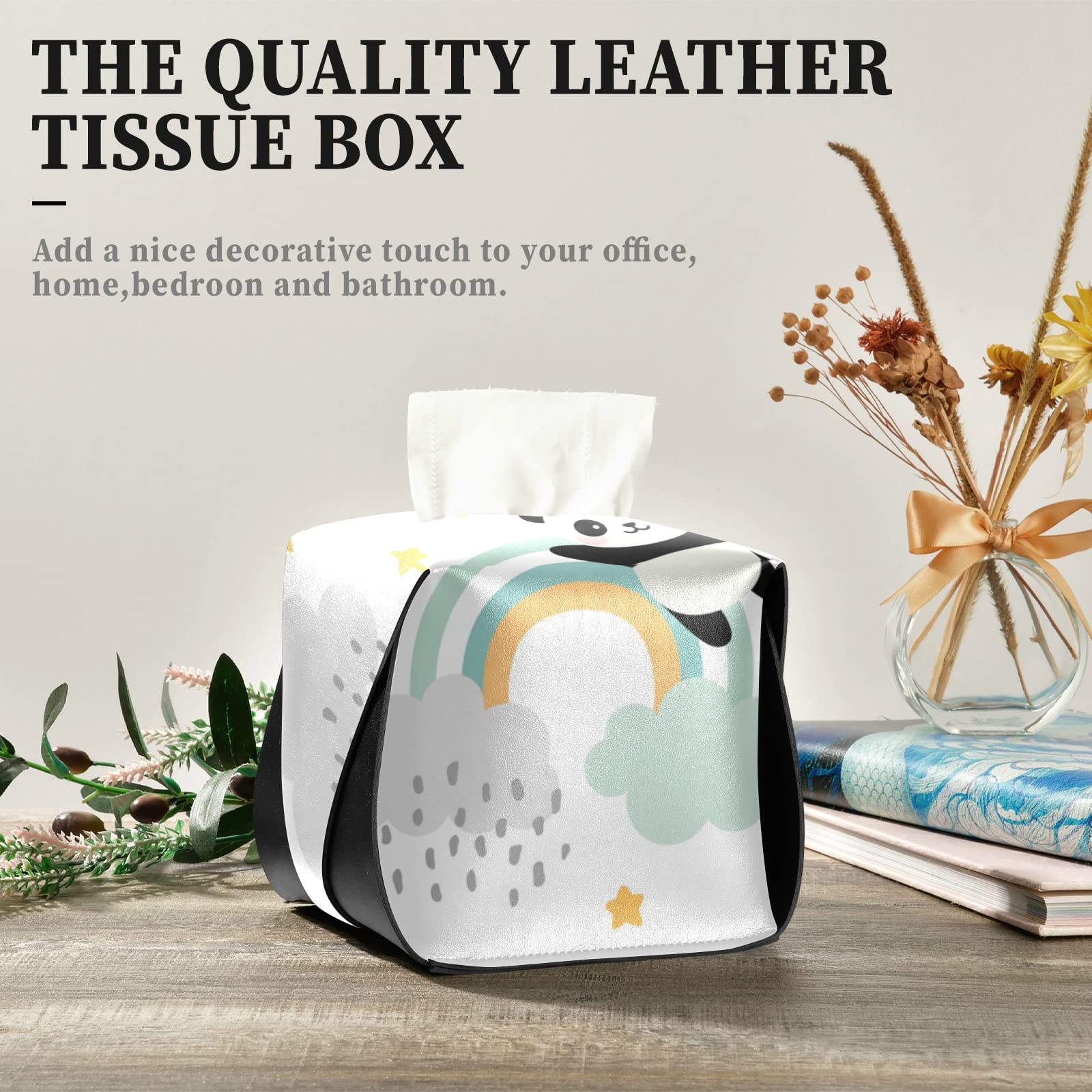 Seamless Panda Tissue Box Cover - Cute Flying Panda with Rainbow Clouds & Stars Design - Rectangle Leather Holder with Handle - Perfect for Bathroom, Home, Night Stand, Vanity, Office Desk & Car (9.4x5.1x3.6 inches) - Great for Home Decor & Gift Giving